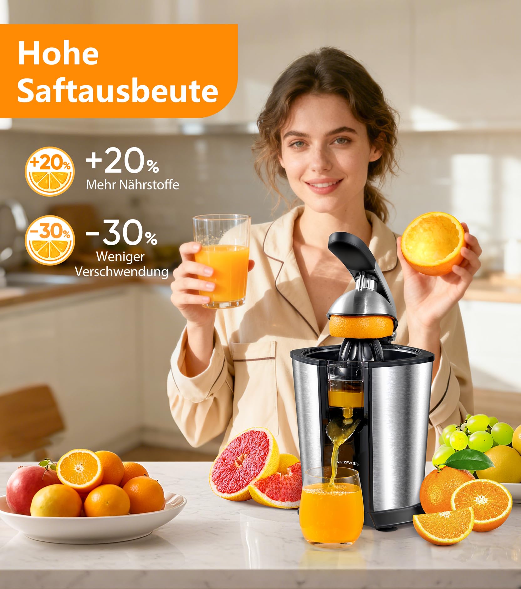 Elektrischer Zitruspresse, Zitrusentsafter mit 2 Aufsätzen und Soft-Griff für müheloses Entsaften, Geräuscharmer Edelstahl-Entsafter für Limette, Grapefruit & Zitrone, Schwarz