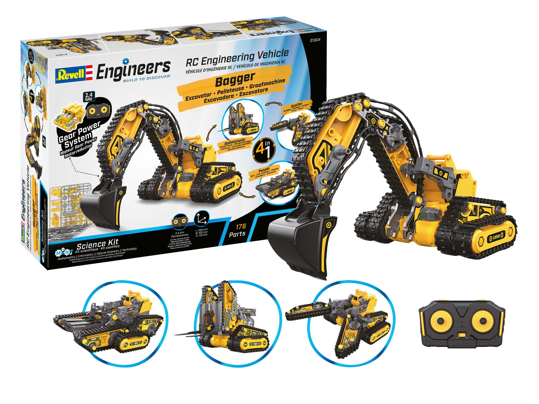 Revell Véhicule d'ingénierie 4 en 1, avec télécommande, 176 pièces, 4 Variantes de modèles sans Colle, Conversion Facile, expérience Technique Interactive, pour Les Enfants à partir de 8 Ans