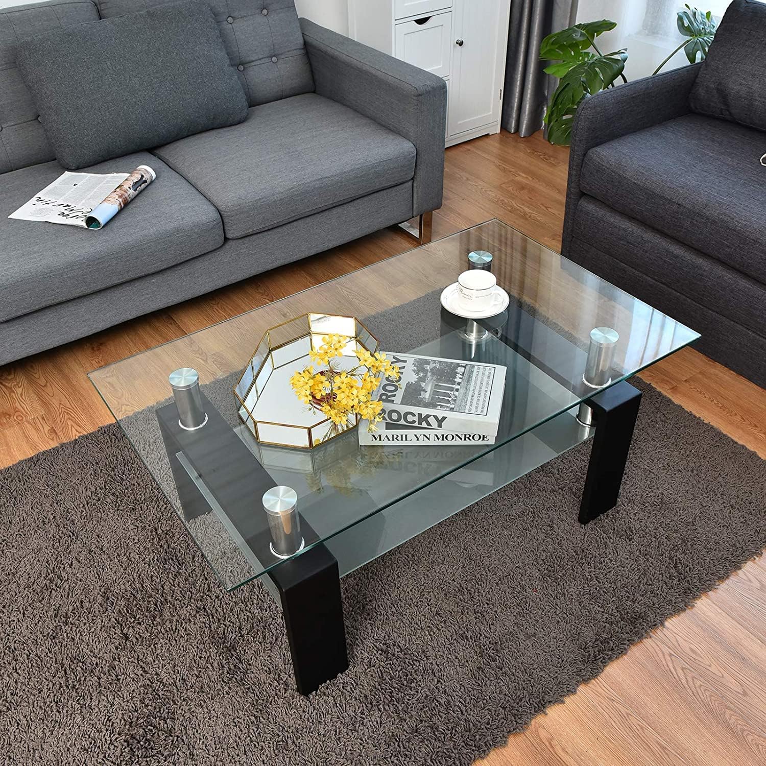 39.4'' Rectangle Glass Coffee Table, Black Coffee Table with Tempered Glass & Metal Legs, 2-Tier Modern Center Table with Storage Shelf, Clear Glass Coffee Tables for Living Room, Apartment, Office