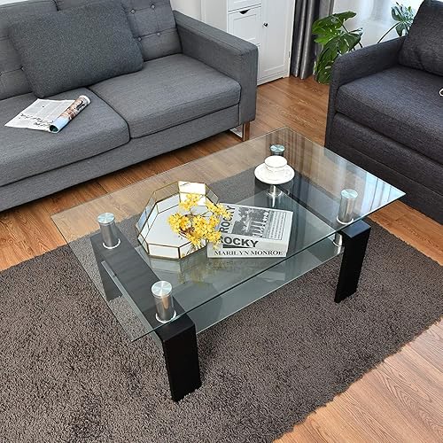 Miniatura 2 de Mesa de centro rectangular de cristal, mesas de centro de cristal transparente para sala de estar, mesa de centro de cristal con patas de metal,