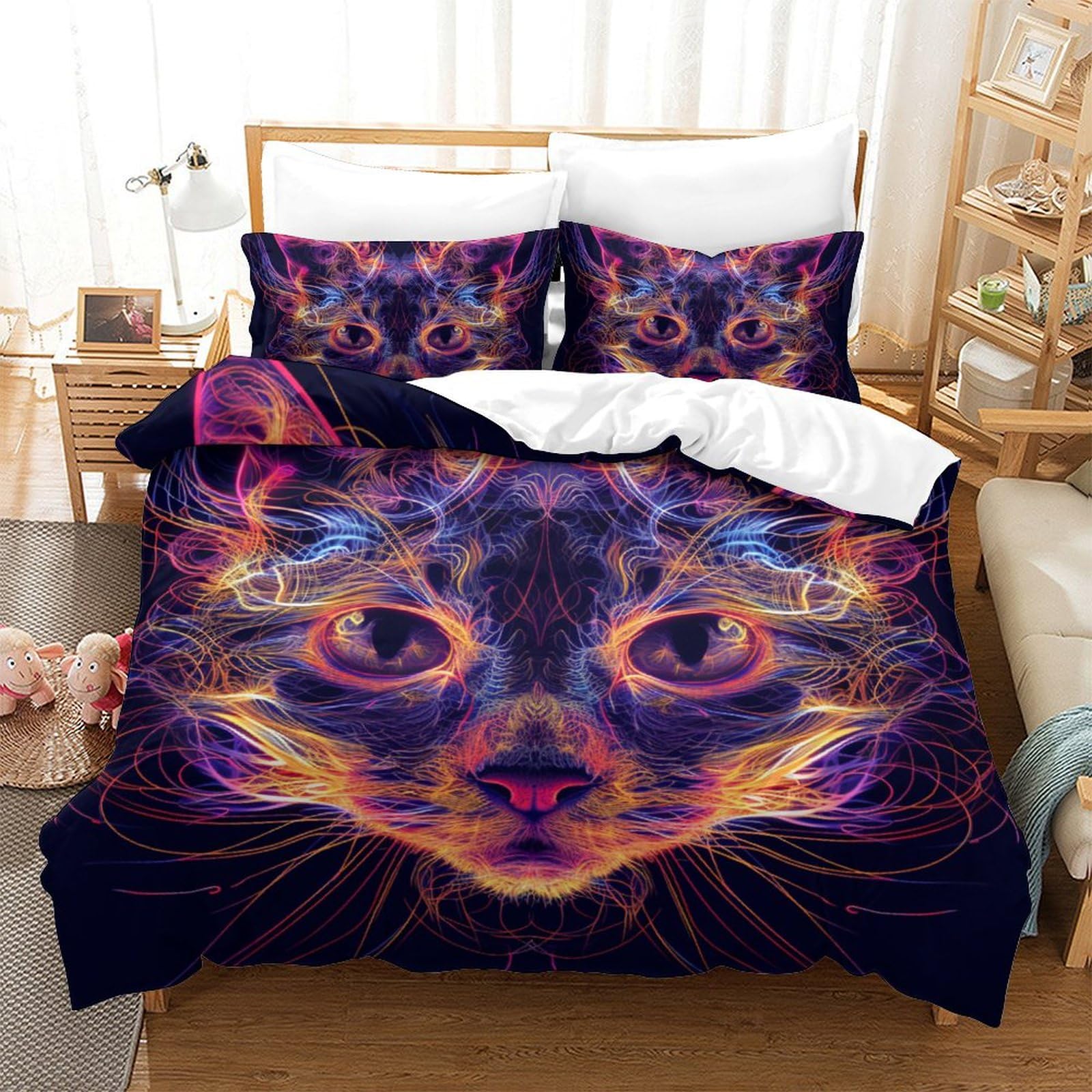 Housse de couette chat flamme microfibre super douce et respirante 3 pièces