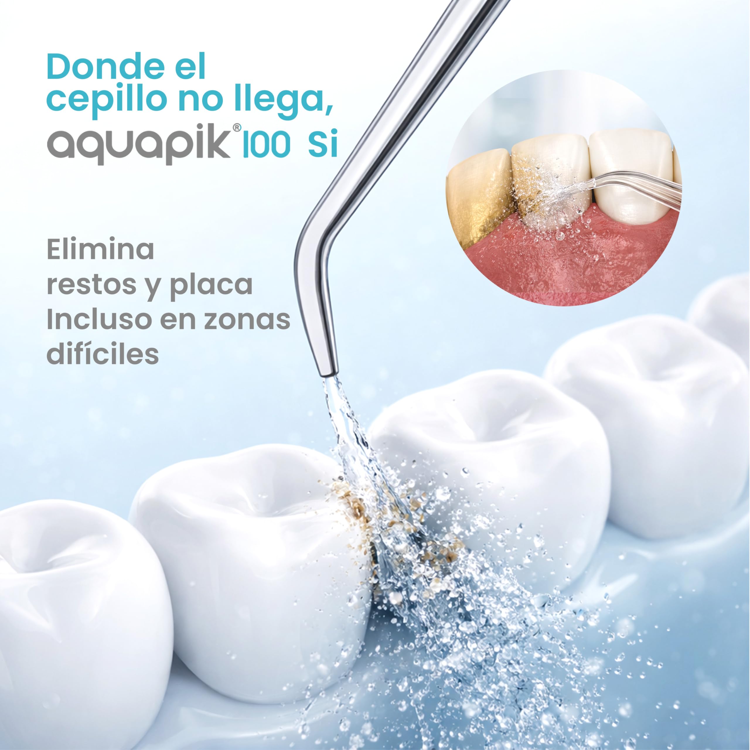 Irrigador dental Aquapik100® profesional waterflosser limpieza profunda 10 niveles de presión 8 boquillas depósito 600ml para encías sensibles ortodoncia puentes implantes elimina placa dental Blanco