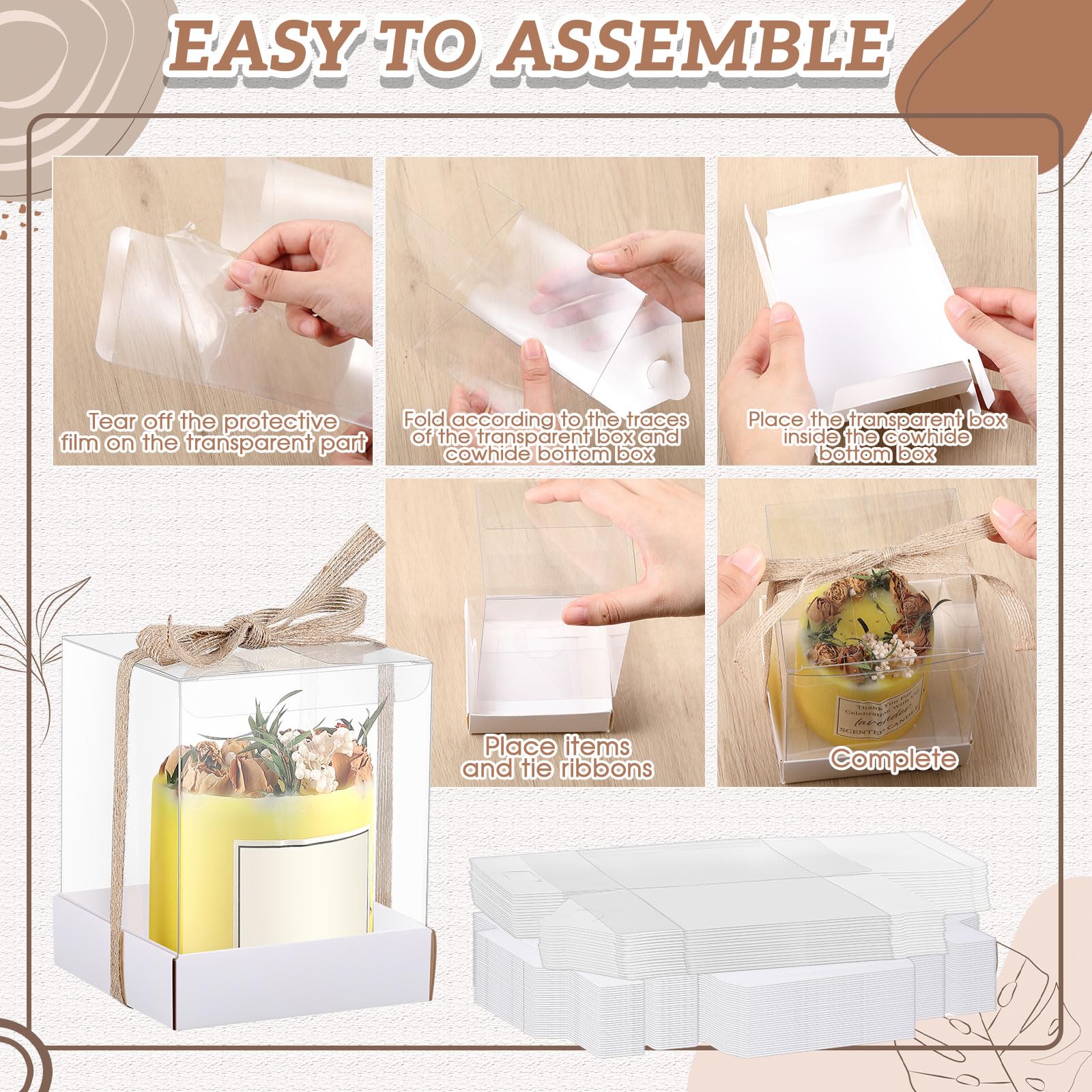 24 Stück 8,9 x 8,9 x 10,9 cm transparente Kerzen-Geschenkbox, Großverpackung, Box für Teelichter, Kerzenhalter, weiße Papierunterseite mit Band, für Weihnachten, Hochzeit, Babyparty, Party