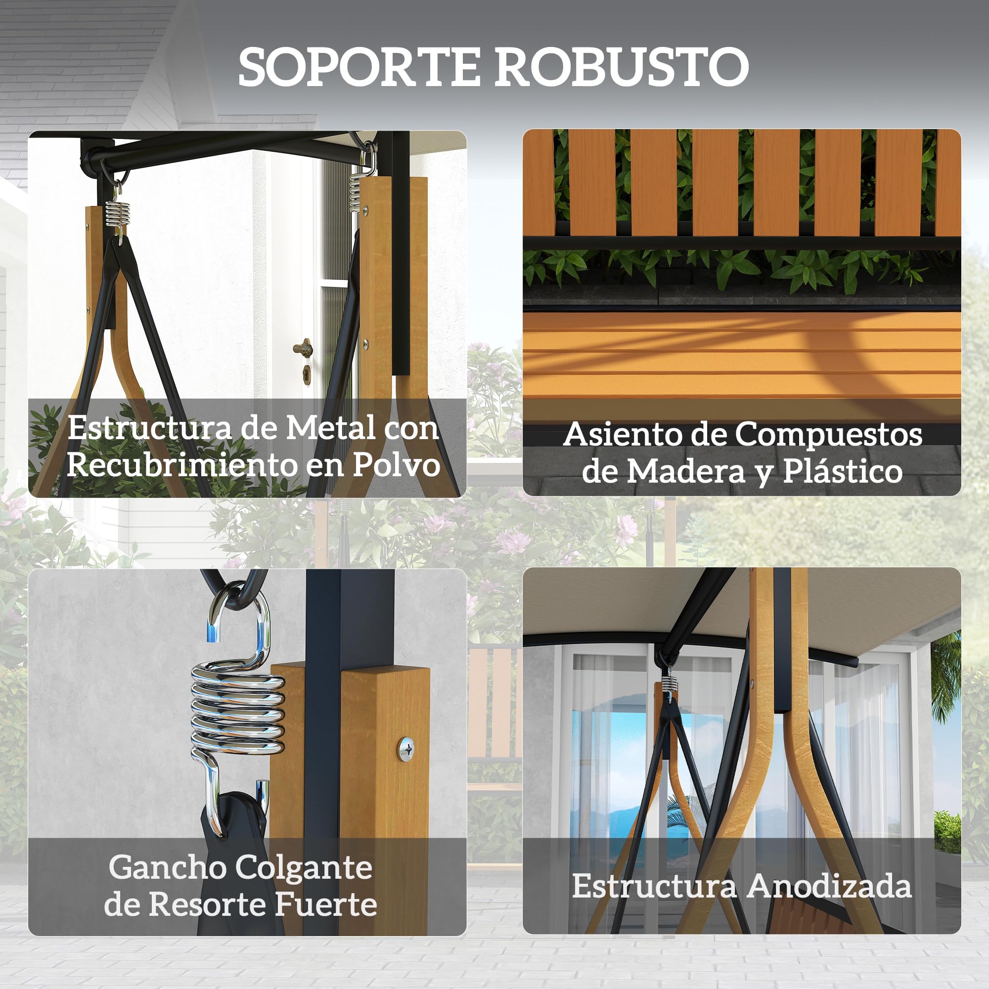 Outsunny Columpio de Jardín Exterior de 2 Plazas, Balancín de Jardín Exterior con Grano de Madera, Estructura de Metal y Toldo Regulable, Soporta 240 kg, 142x112x162 cm, Natural y Beige