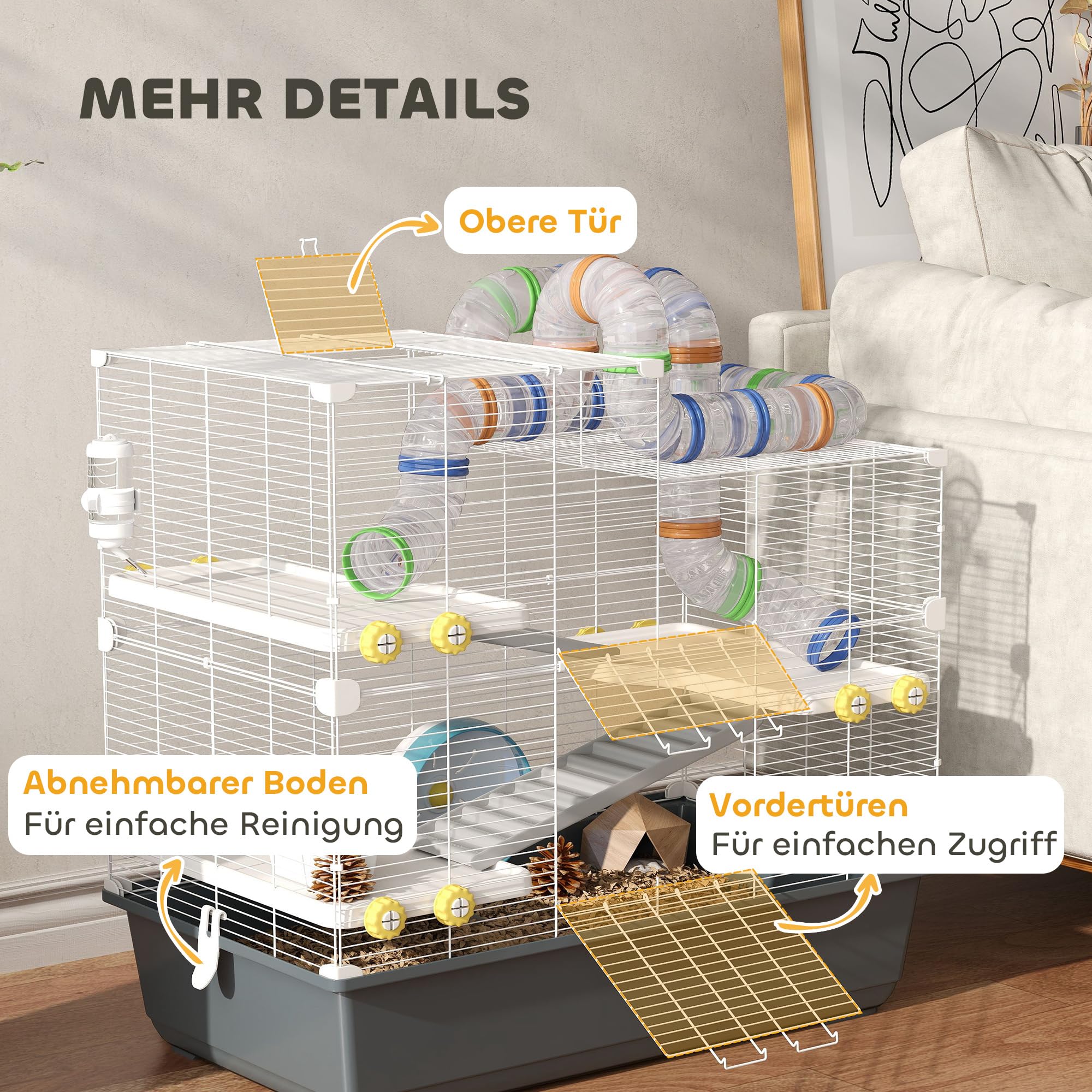 PawHut Hamsterkäfig 4 Etagen Nagerkäfig Kleintierkäfig mit Laufrad Futternapf Tunnel Hütte Obertür, Kleintierstall Käfig für Hamster Syrischer Hamster 78 x 45 x 73 cm, Grau