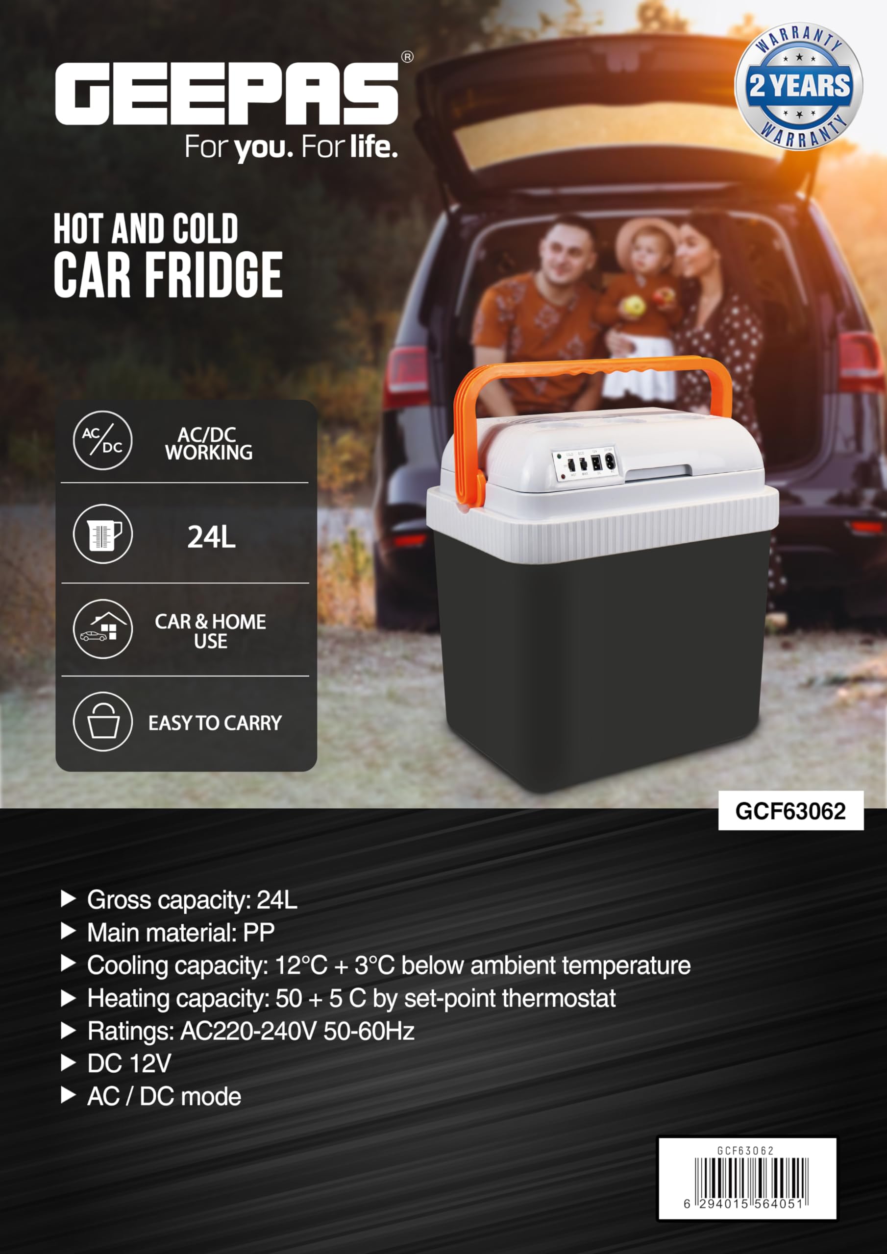 GeepasHot & Cold Car Fridge with AC/DC Working Mode, Suitable for Car and Home Use, Easy to Carry Portable Refrigerator with Durable PP Material Construction 24 L GCF63062