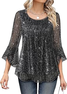 Bebonnie Women's Ruffle 3/4 Sleeve Elegant Dressy Blouses Crew Neck Double Layers Mesh Tunic