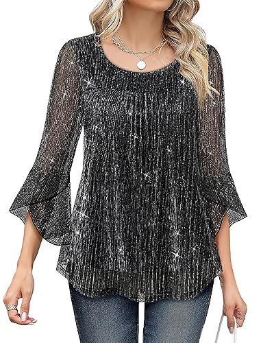 Bebonnie Women's Ruffle 3/4 Sleeve Elegant Dressy Blouses Crew Neck
