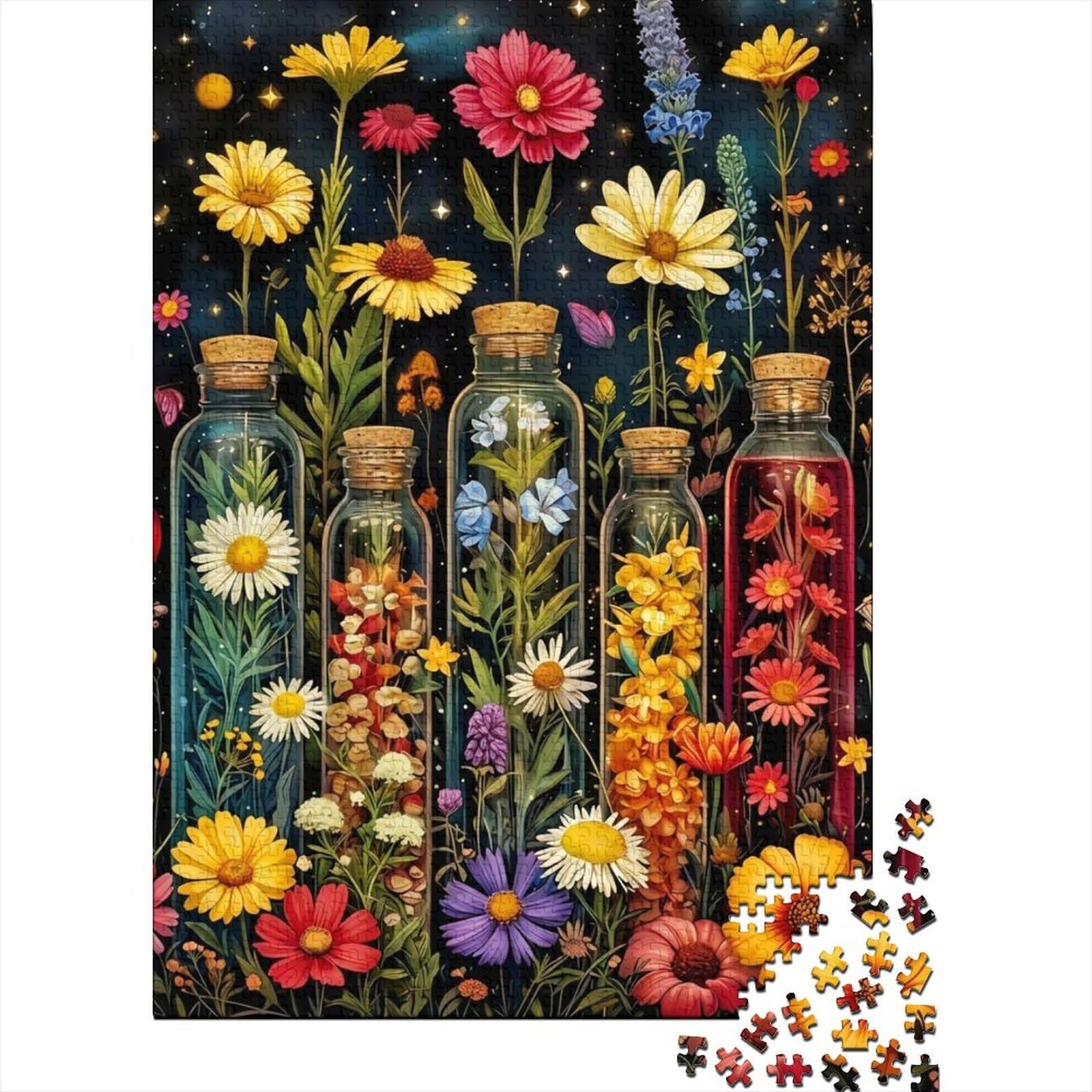Floral瓶装艺术插画 1000 Pieces Jigsaw & Jigsaw Puzzle Recycled Cardboard Relaxing Brainteasing Bottled Flowers for Adults Age 14+ 38x26cm/1000pcs — image 1