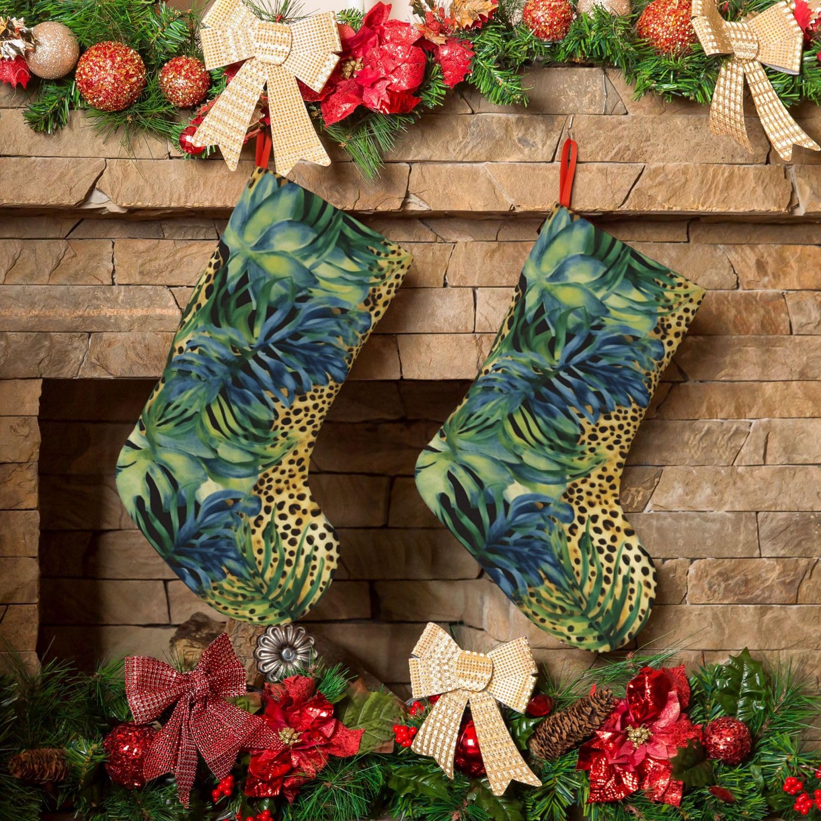KLOPH Christmas Stockings 18" Personalized Xmas Stocking Print Animal Leopard Print Jungle Decoration Stockings Hanging Ornaments Fireplace Stocking for Holiday Xmas Tree Christmas Decor
