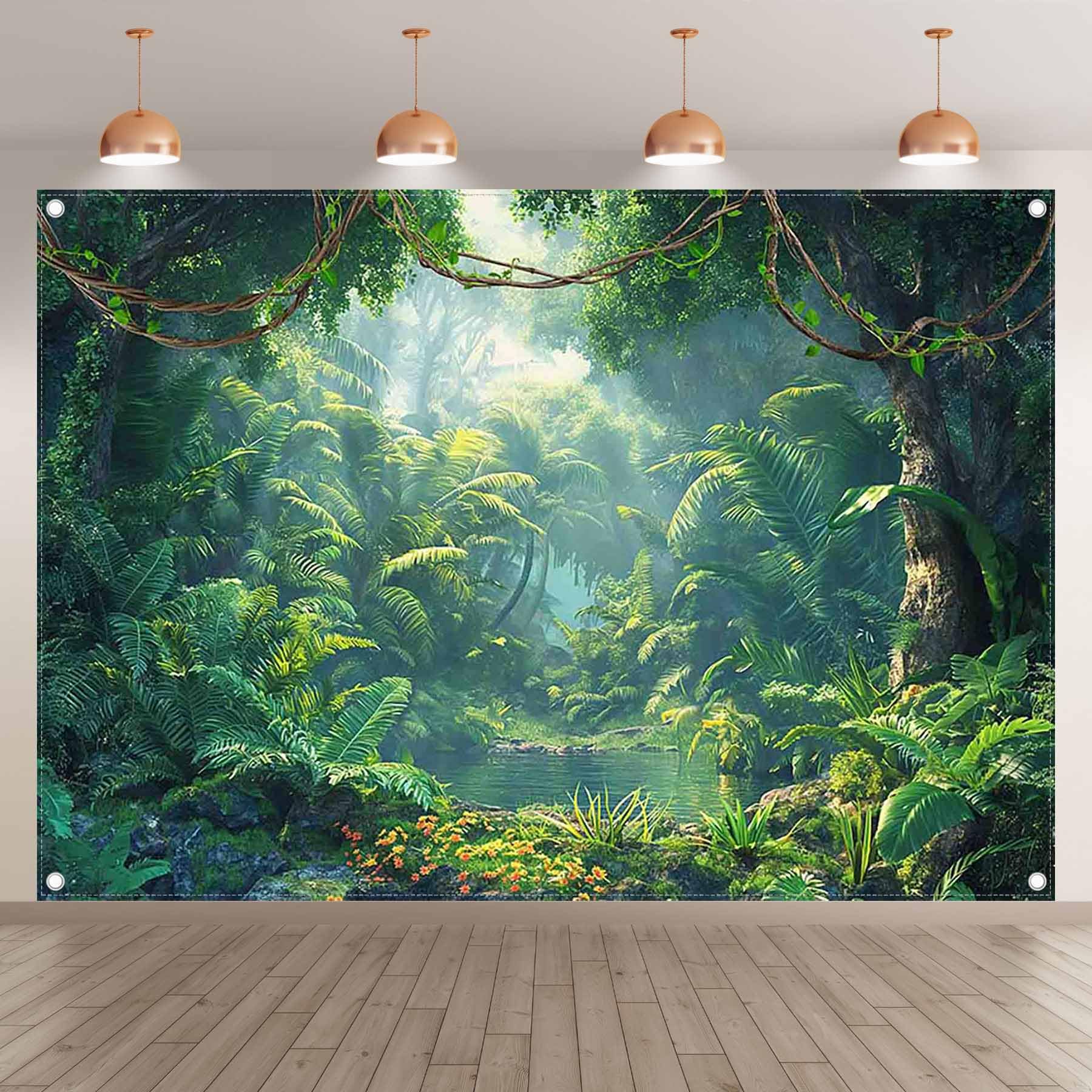 ZTHMOE Fabric 8x6ft Jungle Forest Photography Backdrop Rainforest Tropical Natural Scenery River Background Summer Adventure Party Decorations Photo Banner Props