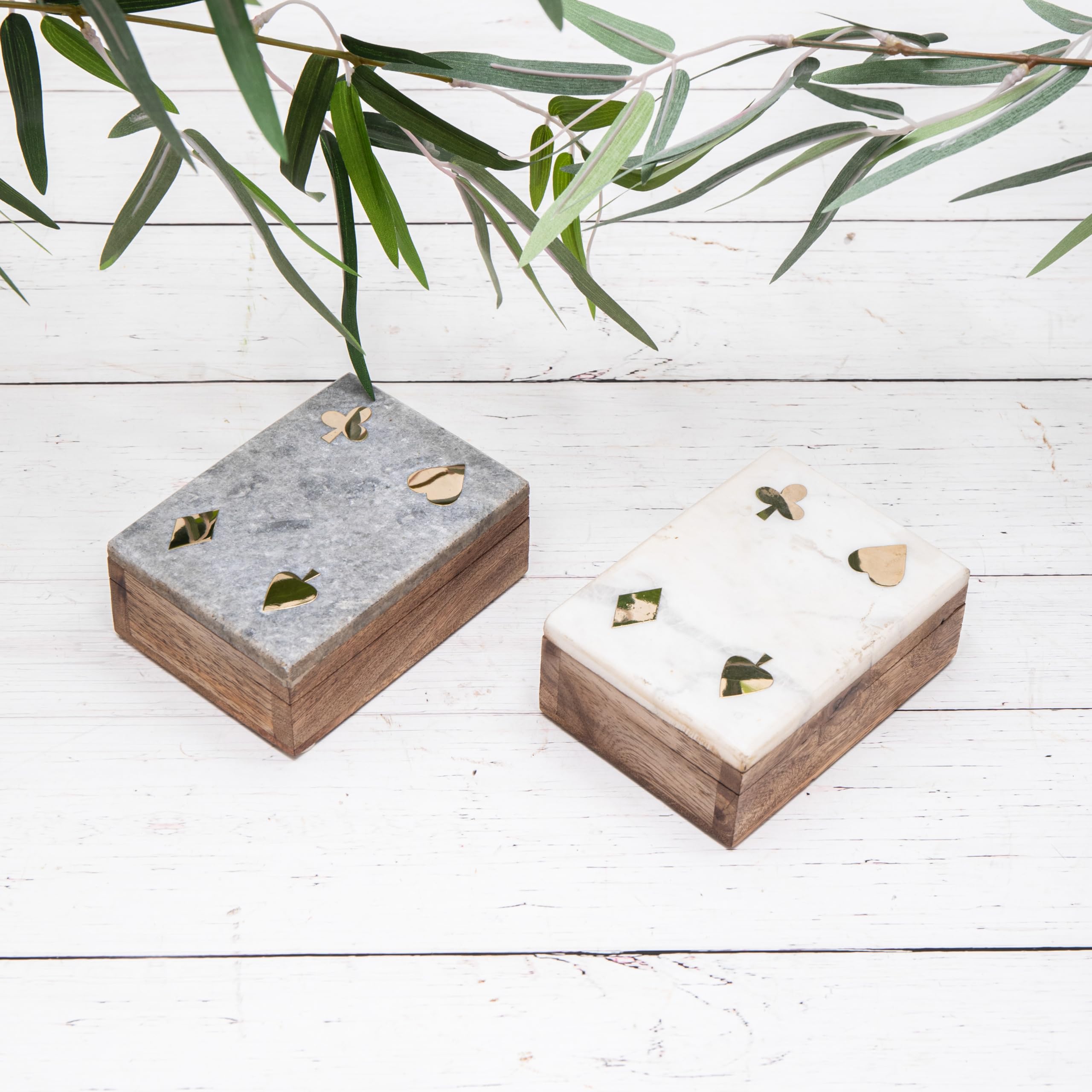 Wooden White Or Grey Marble Top Playing Card Case Holder (White Marble)