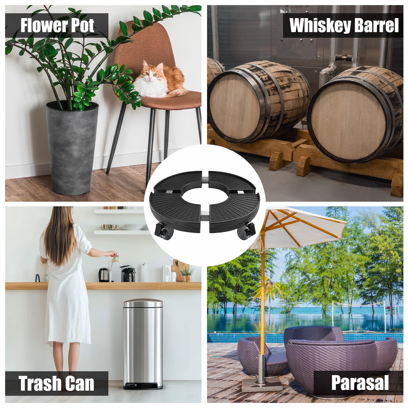 Plataforma con Ruedas Ajustable 38-54 cm, Soporte para Macetas con Ruedas 360° Giratorio Bloqueables, Capacidad de 200 KG, Rodillo para Plantas para Macetas Exterior Interior, Negro