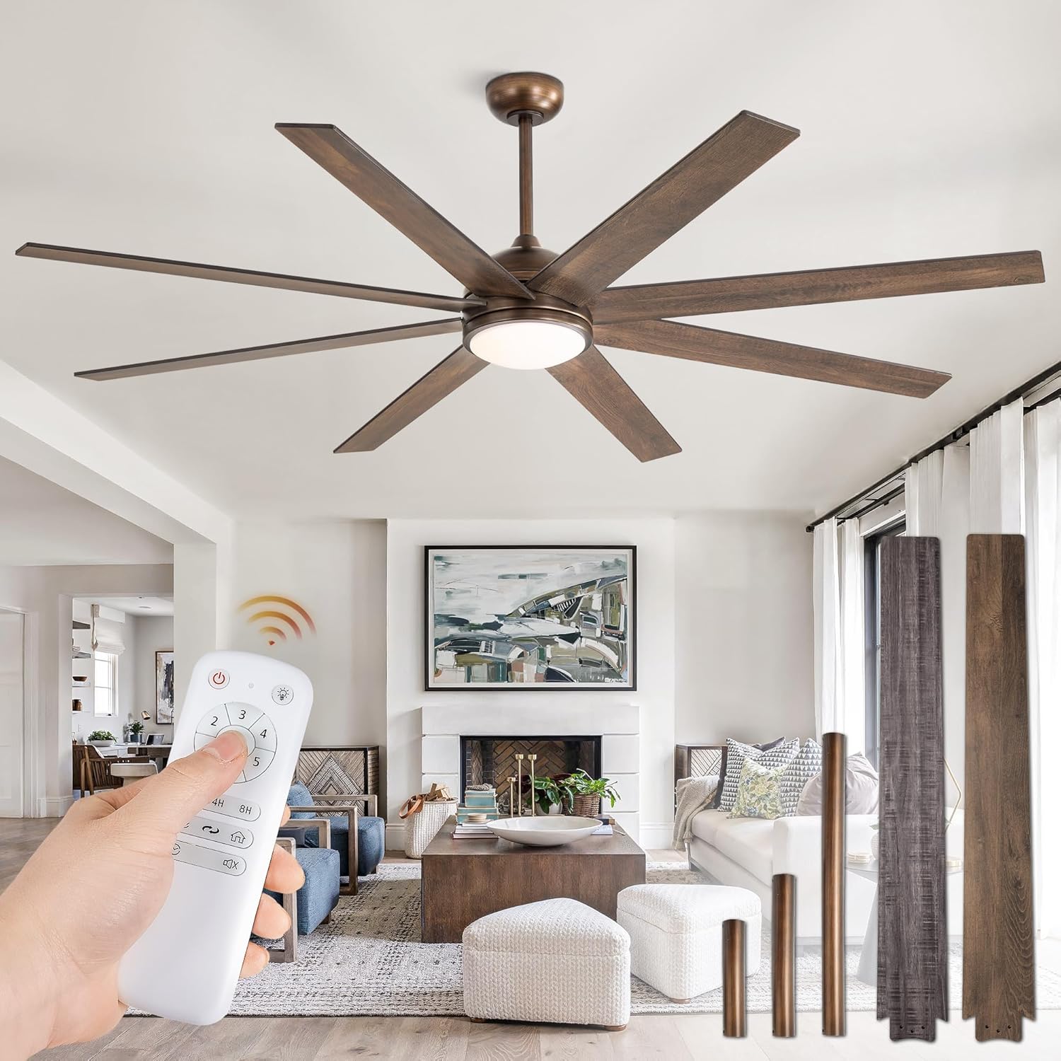 Ceiling Fans with Lights, 72 inch Large Ceiling Fan with Light and Remote, Outdoor Bronze Ceiling Fan for Living Room Patio, 6 Speeds, Reversible Quiet DC Motor, 3 CCT, Bi-Color 8 Blades