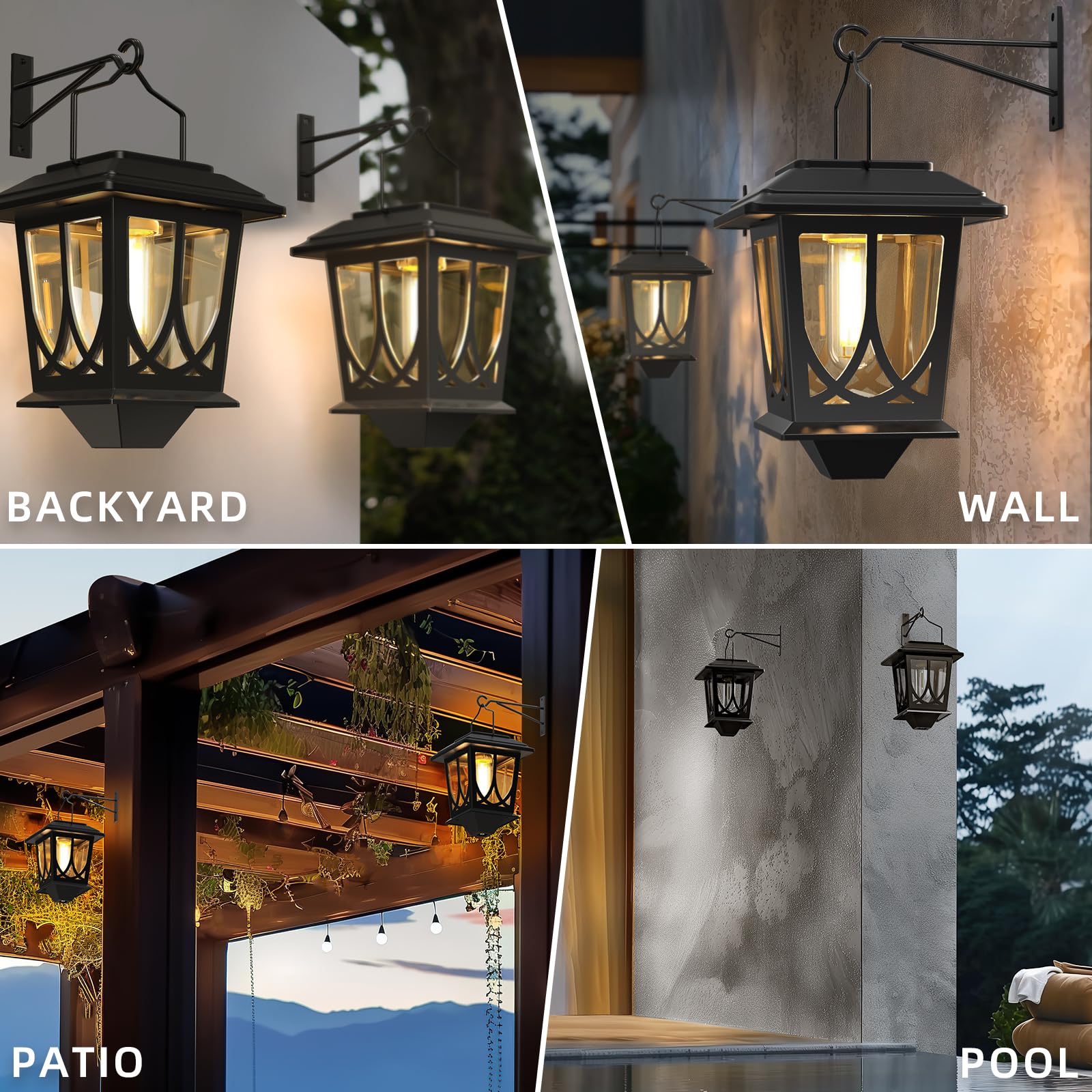 Faroles solares impermeables para exteriores, paquete de 2 unidades, luces solares LED colgantes de vidrio con soporte de pared para valla de patio, gallinero, invernadero, color negro