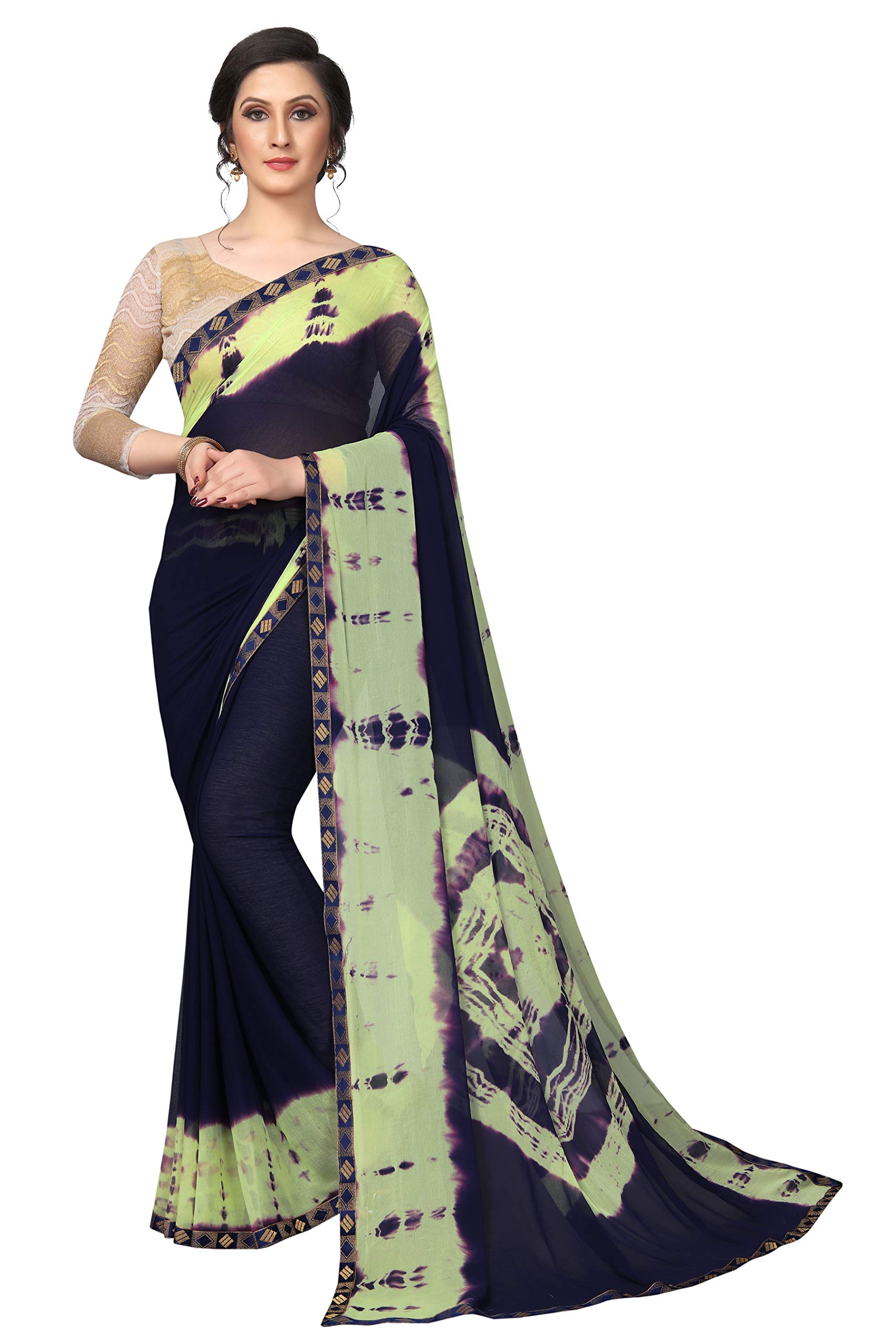 Women's Blue Color Chiffon Printed Saree Border Lace With Blouse Piece(Concept-Navy_Free Size)
