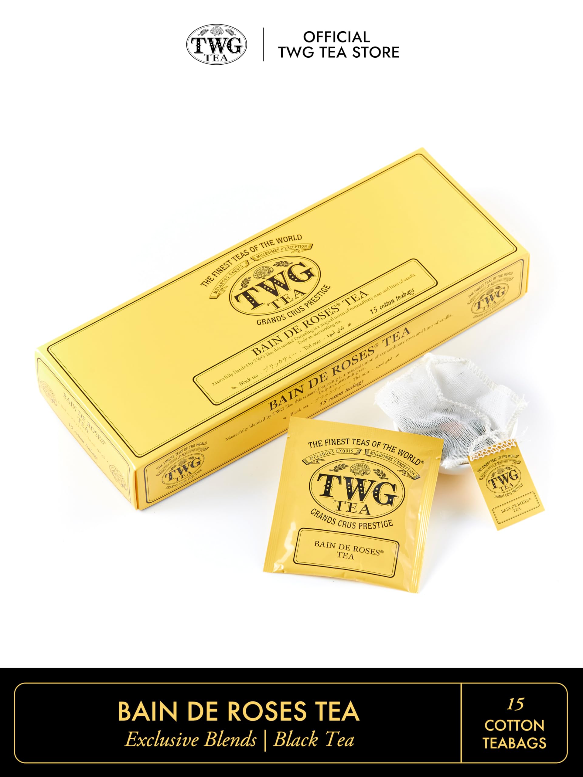 TWG Tea | Bain de Roses Tea | Black Tea | Rosebuds & Rose Petals | 15 Hand Sewn Cotton Teabags | Gift Set