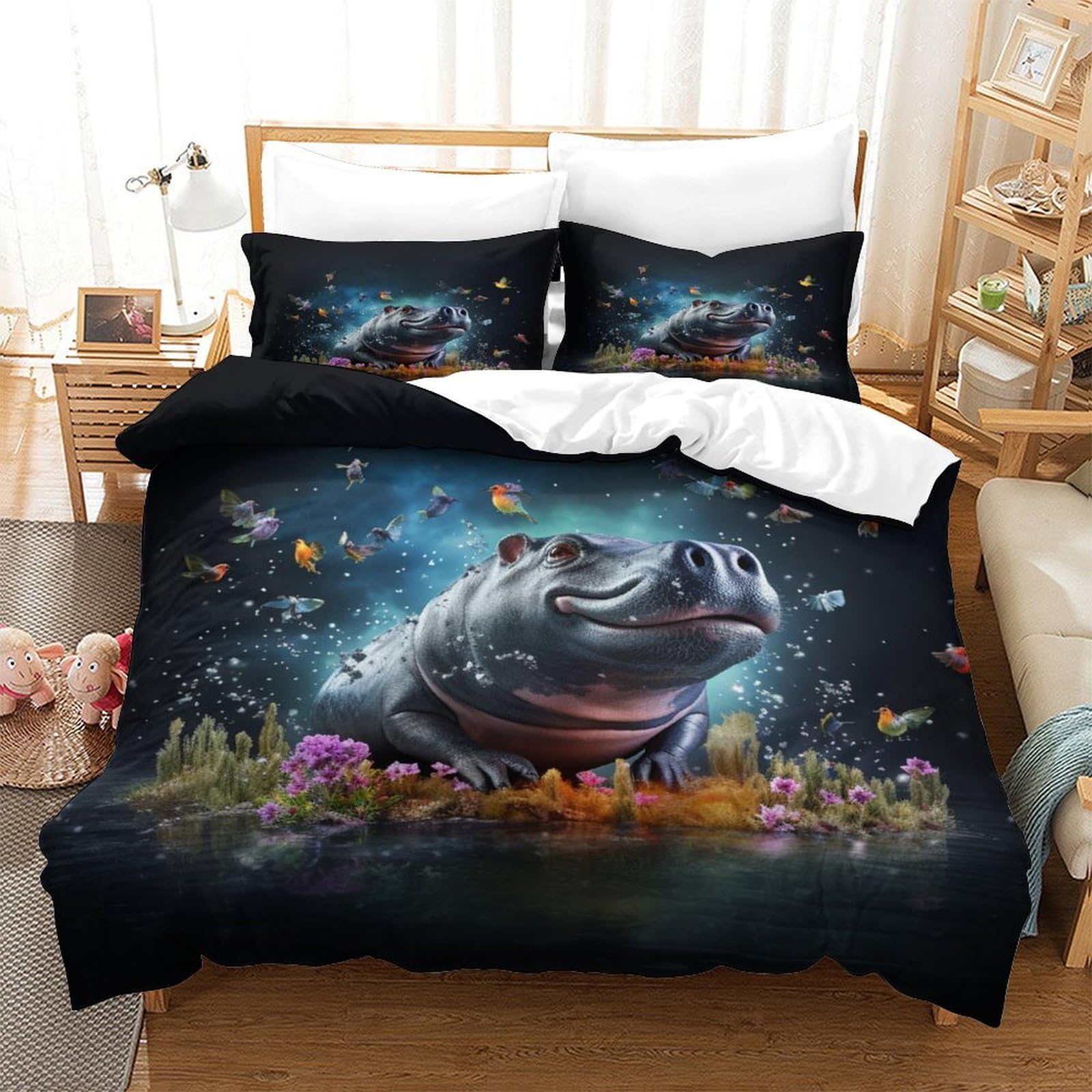 Housse de couette hippopotame 140x200 cm avec 2 taies en microfibre