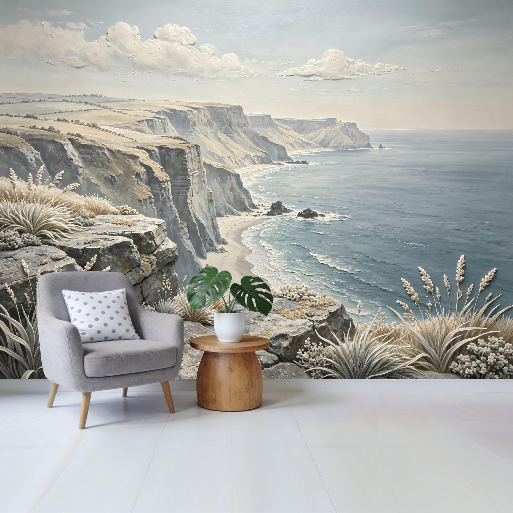 Custom Size Wall Mural Coastal Landscape Ocean Cliff View Textured Oil Painting Style SelfAdhesive Wall Fabric Removable Wallpaper for Home Office Decor