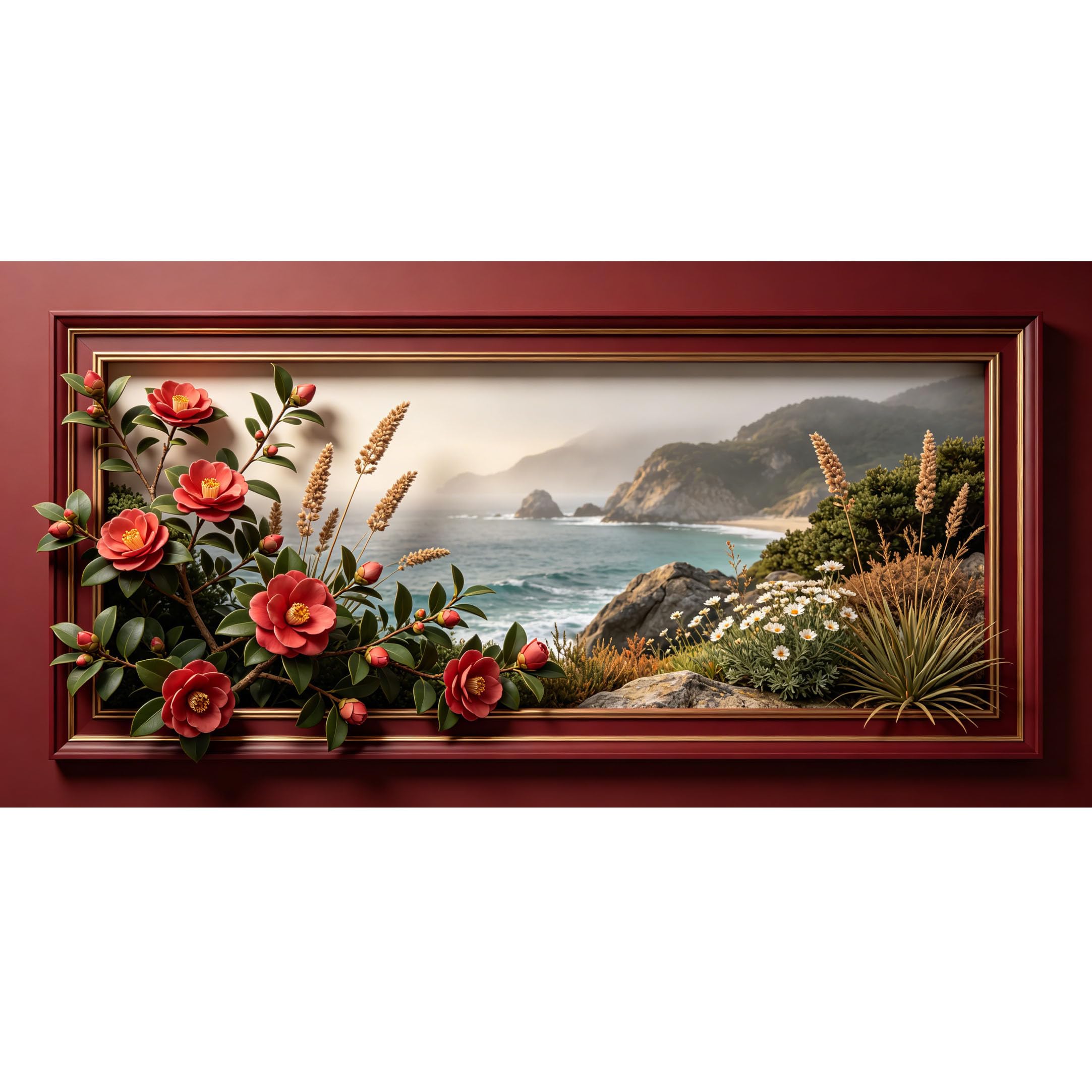 Agglomerix 3D Framed Wall Art Camellia Coastal Landscape Botanical Ocean Shoreline Relief Effect Large Size SelfAdhesive Removable Wall Decor Prints Artwork for Living Room Bedroom Office