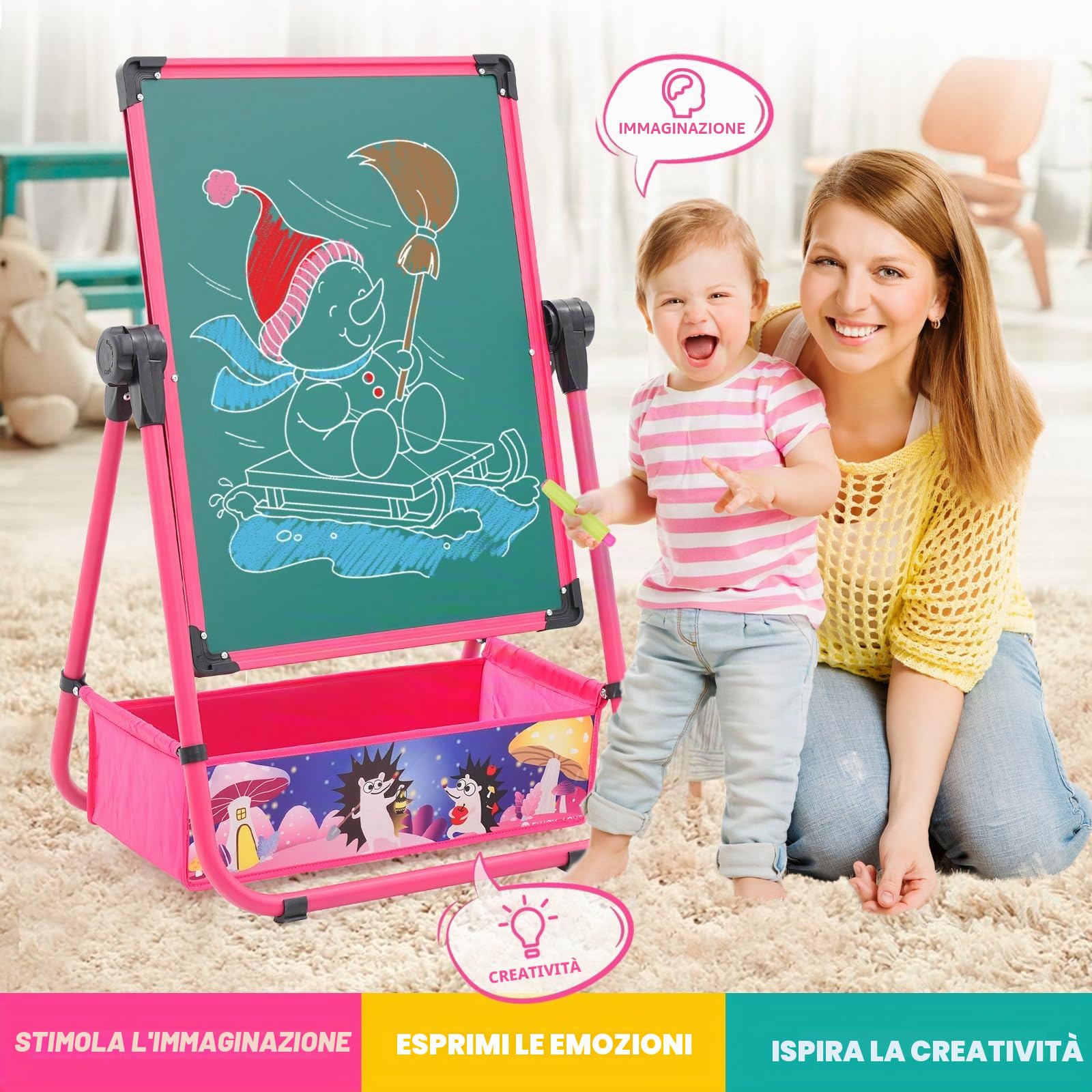 Lavagna Bambini Cavalletto, Lavagnas Magnetica per Bambini, Altezza Regolabile con Rotazione a 360° (rosa)