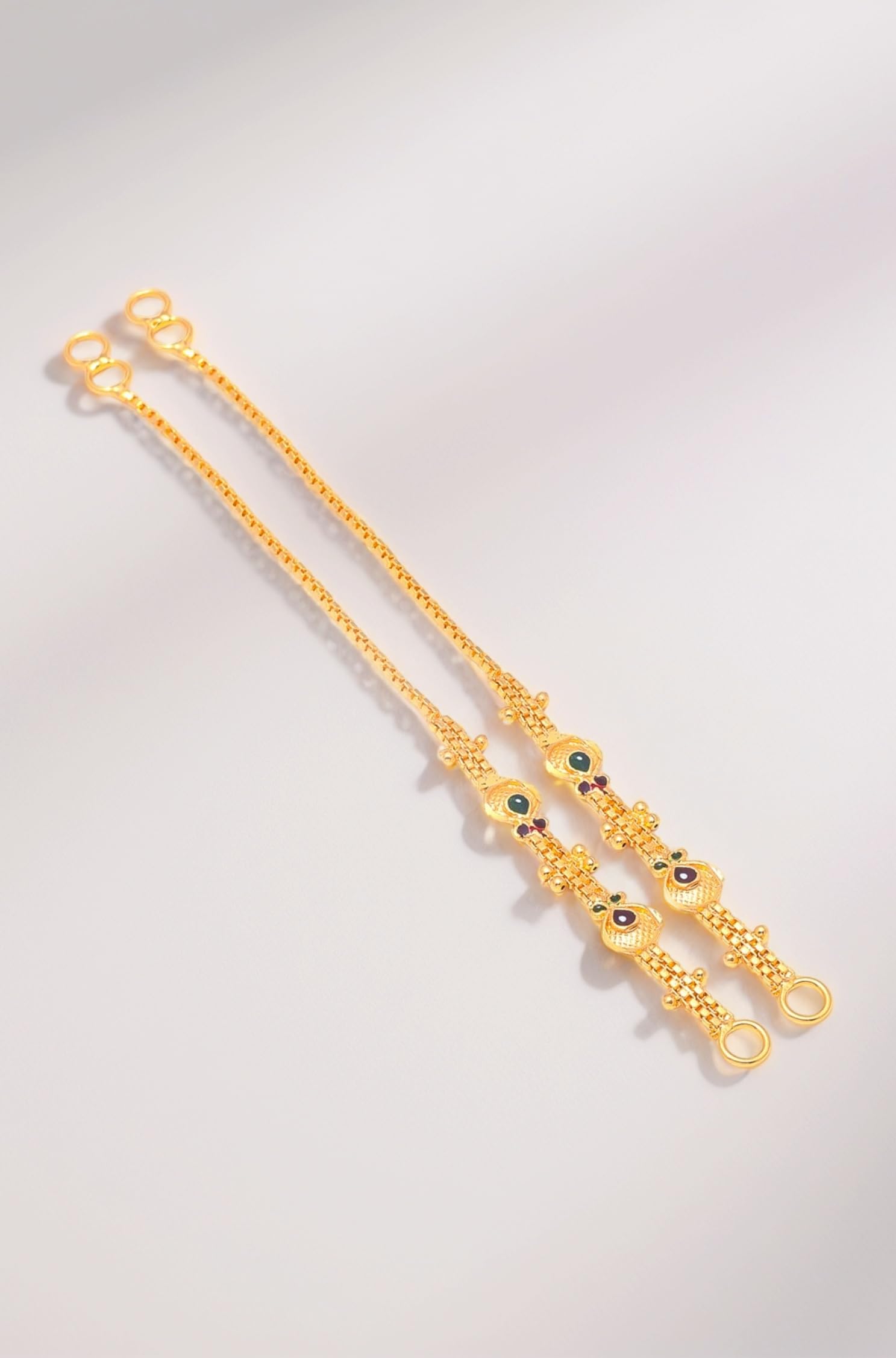 Jewar Mandi Earrings Kan Chain Gold Tone Handmade Meena Work & Box Design Gold Plated Kanoti Ear to Hair Accessory Ear Thread for Women & Girls