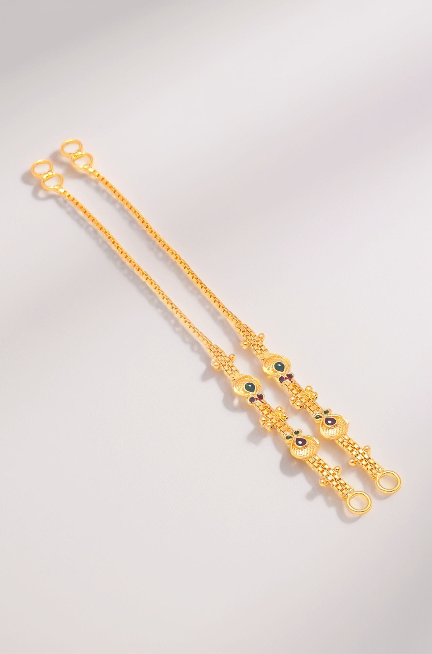 Jewar Mandi Earrings Kan Chain Gold Tone Handmade Meena Work & Box Design Gold Plated Kanoti Ear to Hair Accessory Ear Thread for Women & Girls