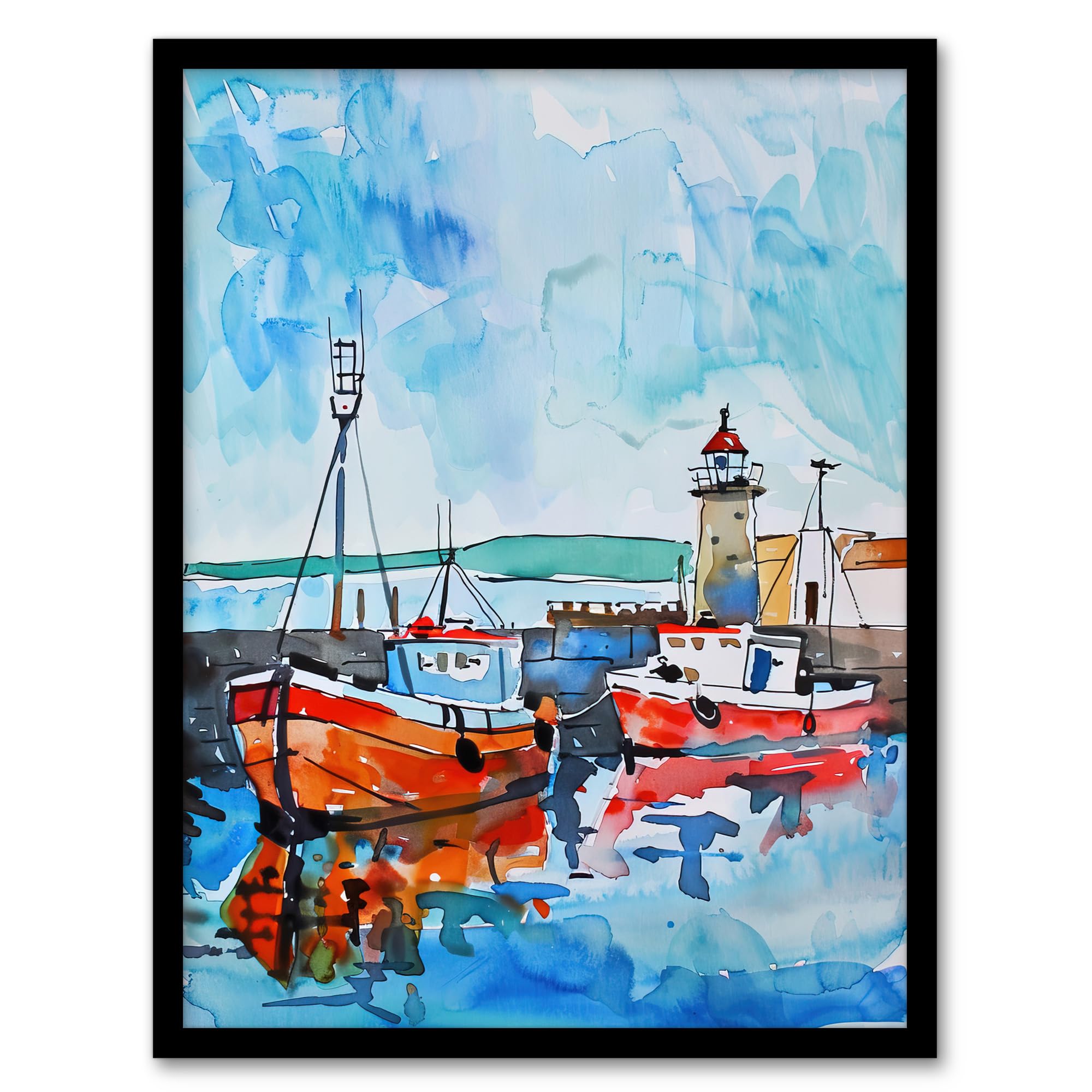 Artery8 Newhaven Lighthouse Fishing Boats Harbour Bathroom Toilet Artwork Framed Wall Art Print A4