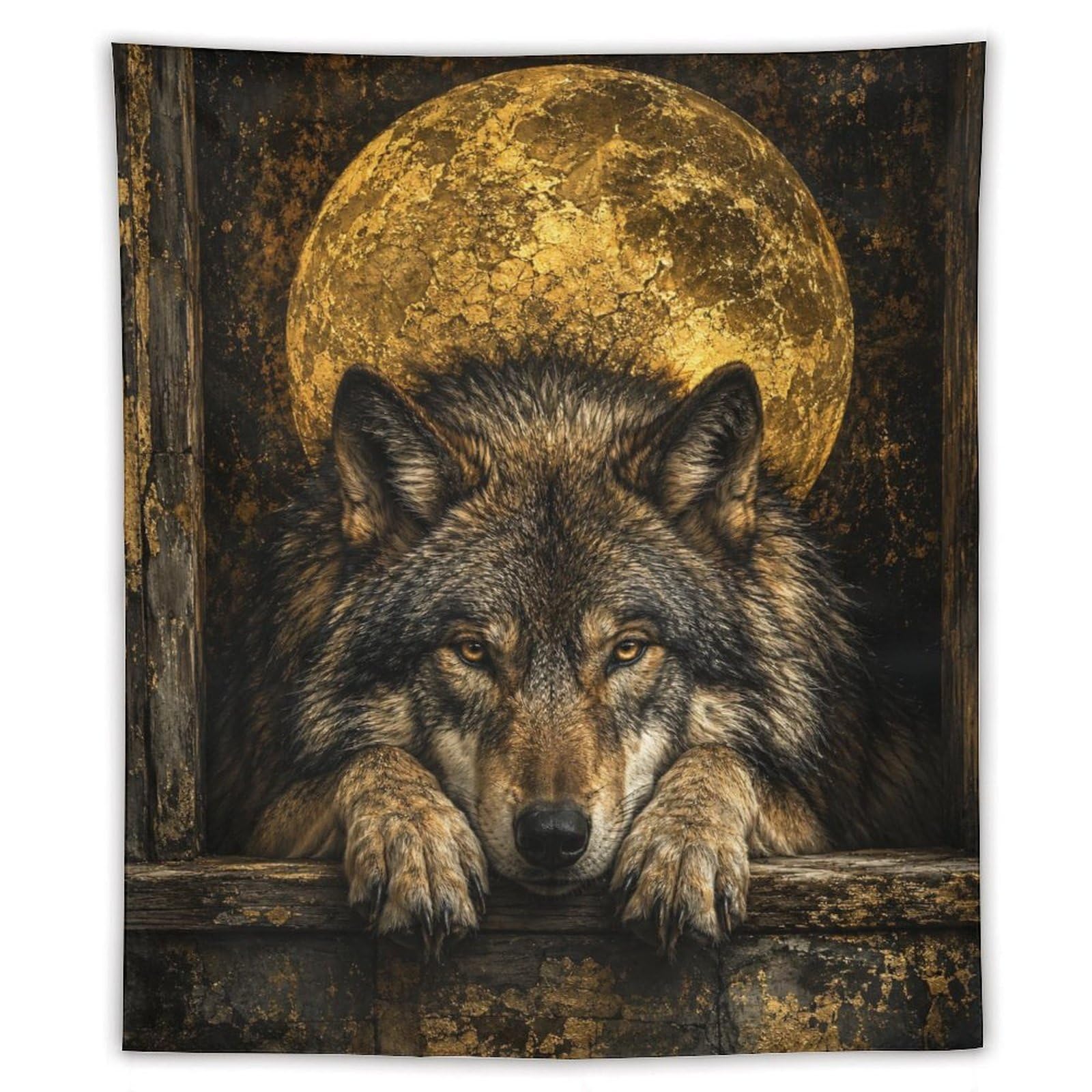H3B8U2Y5 Wolf Portrait Golden Moon Wall Tapestry, College Dorm