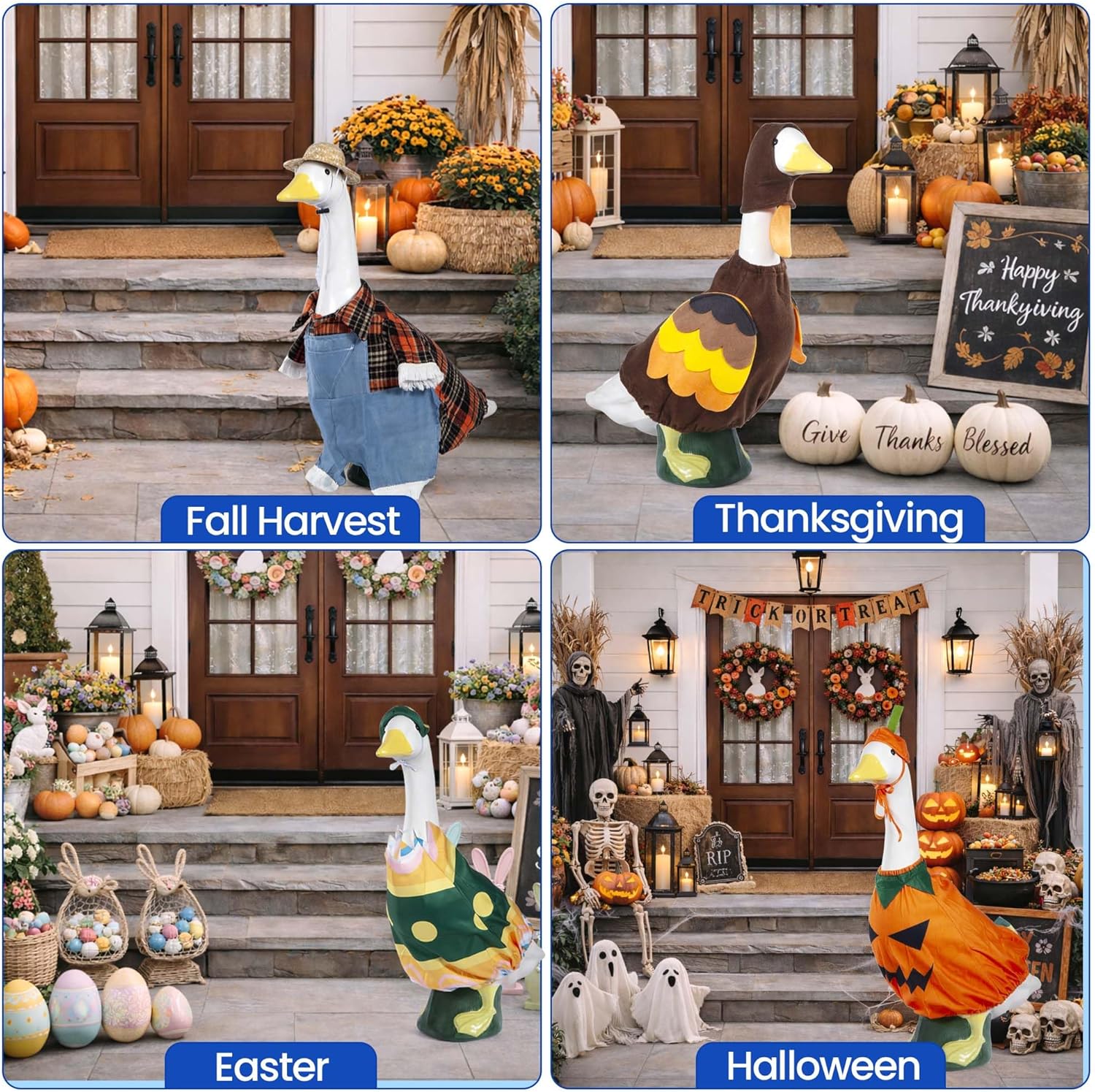 12 Set Holiday Porch Goose Outfits All Seasons Holiday Bundle St. Patrick Easter Summer Hawaiian 4th of July Fall Lawn Goose Clothing Porch Clothes for 23" Statue Patio Yard Garden Lawn Outdoor Decors