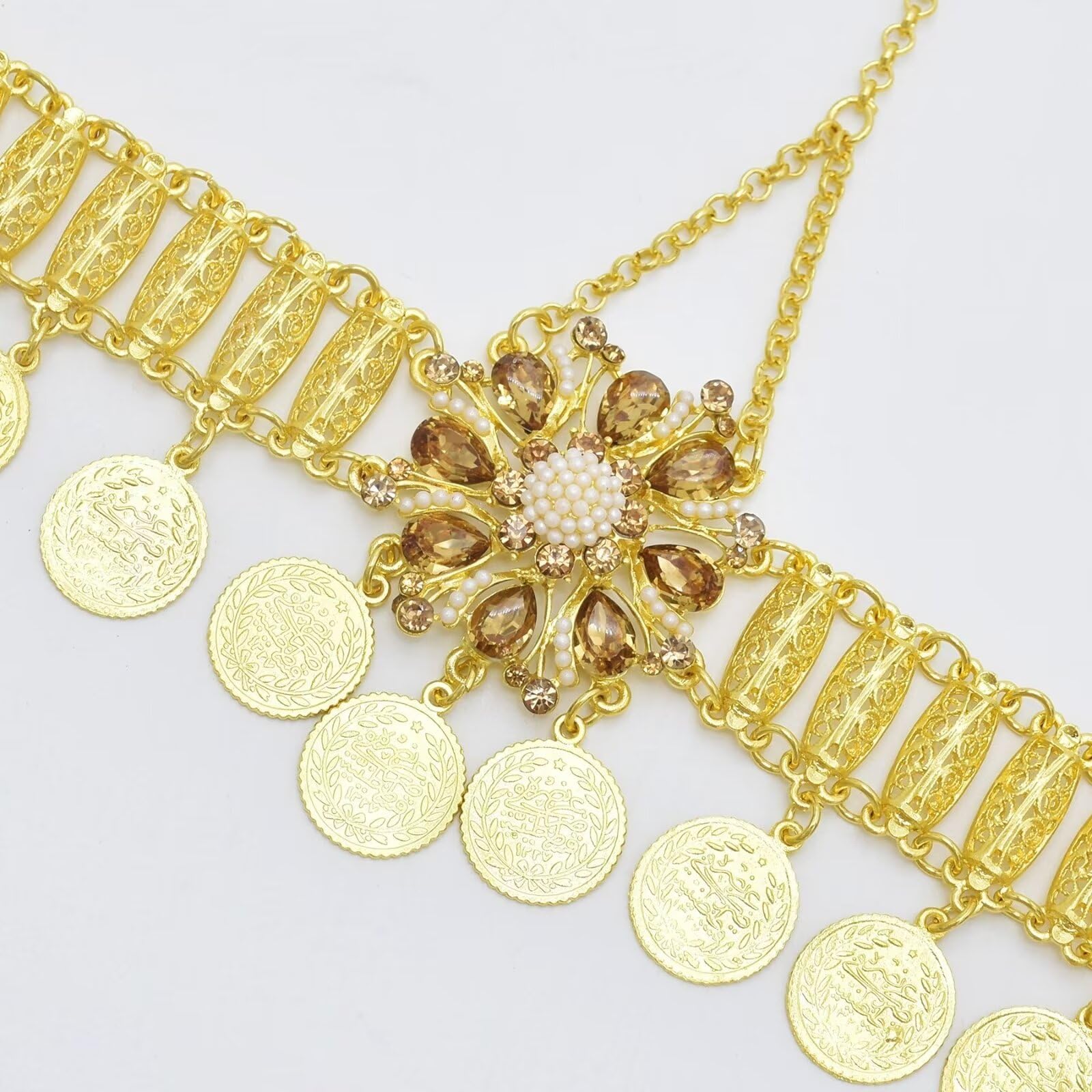 RUNRAYAY Boho Head Chain Jewelry Gold 1920s Retro Flower Rhinestone Headpiece with Coin - Image 4