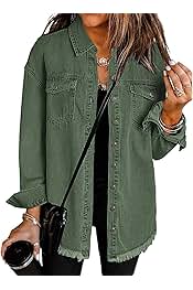 Women’s Oversized Button Up Frayed Hem Shacket Long Sleeve Pockets Denim Jean Jacket