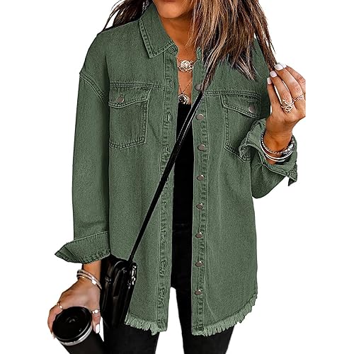 Vetinee Women’s Oversized Button Up Frayed Hem Shacket Long Sleeve Pockets Denim Jean Jacket