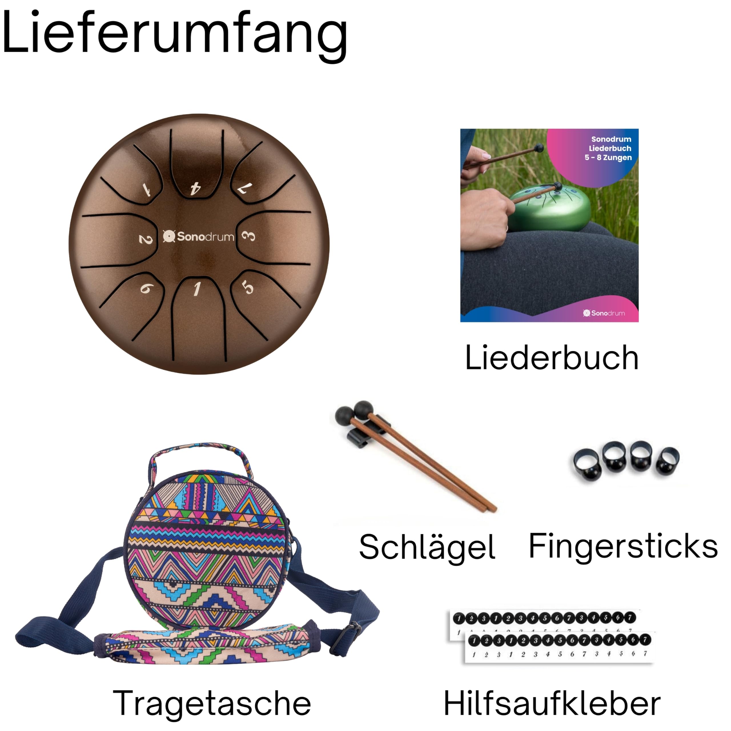 Zungentrommel "Standard" C - Dur in Bronze - 14 cm klein mit 8 Tönen - Steel Tongue Drum inkl. Liederbuch, Schlägel, Fingersticks und Tragetasche - Notenlesen nicht nötig, einfach zu spielen.