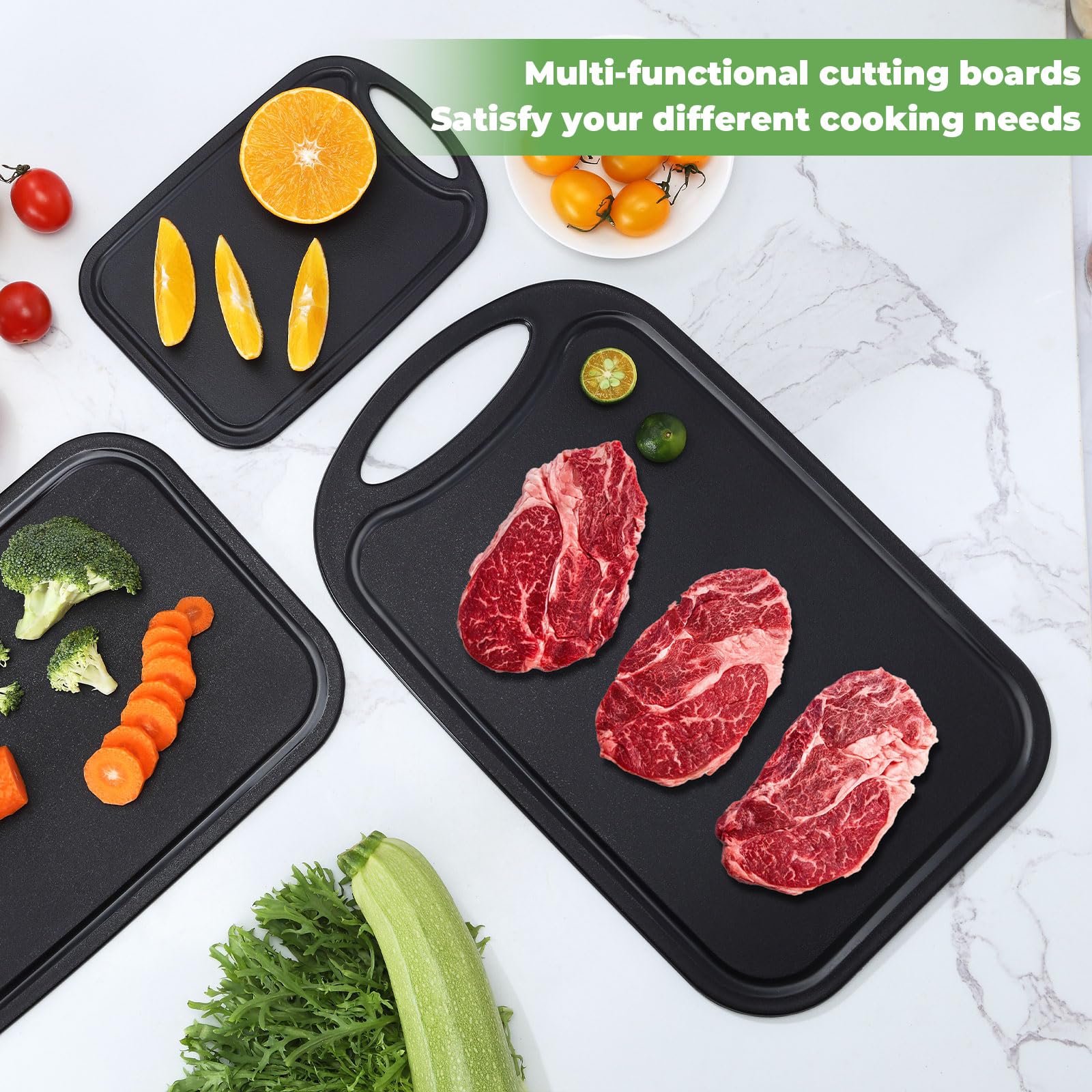 BEWOS Plastic Chopping Board Set, Juice Groove, Chopping Board with Easy Grip Handle, Ideal for Meat Veggies, Fruit, Dishwasher Safe - Image 4