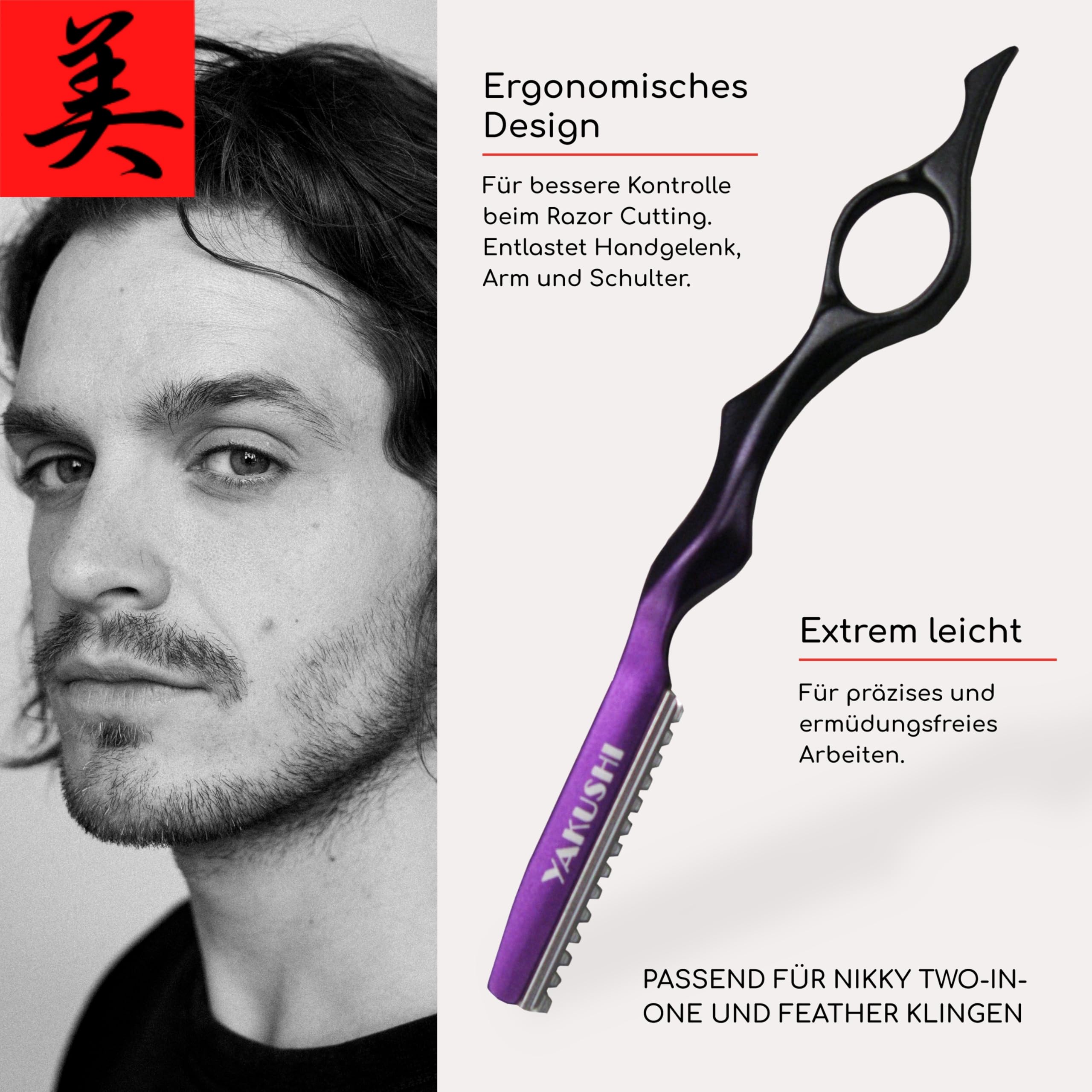 YAKUSHI Pro Razor FLYING Rasiermesser I Effilierer kompatibel mit Nikky Two-in-One & FEATHER Klingen I ergonomisches Profi-Leichtgewicht I inkl. Klingen-Entsorgungsbox I Violet & Schwarz