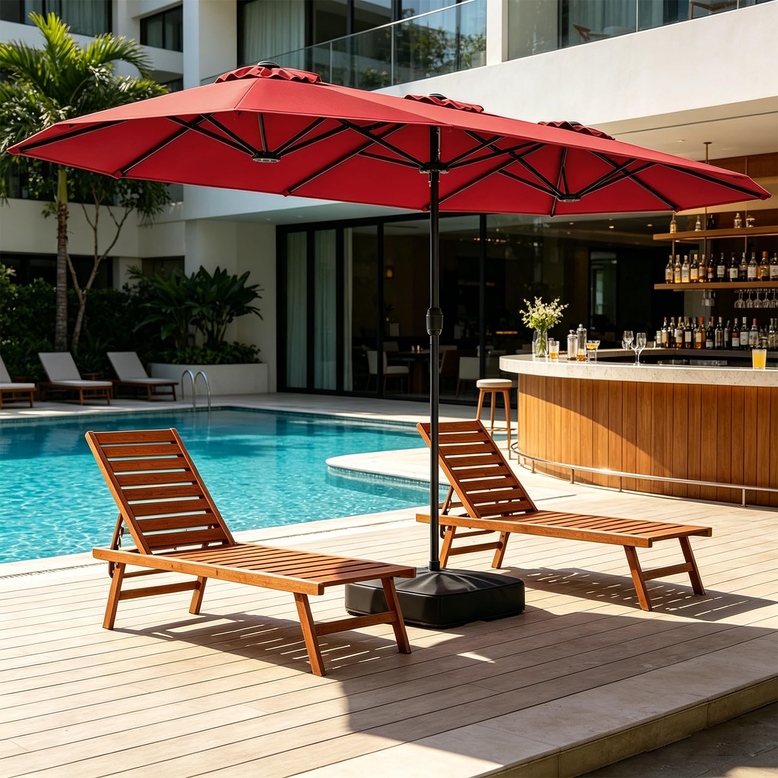 RELAX4LIFE Grand Parasol de Jardin Exterieur avec Pied, 4x2M Parasol Double pour Terrasse/Piscine/Marché, 12 Baleines Renforcées, Manivelle, Protection Solaire pour 6-8 Personnes