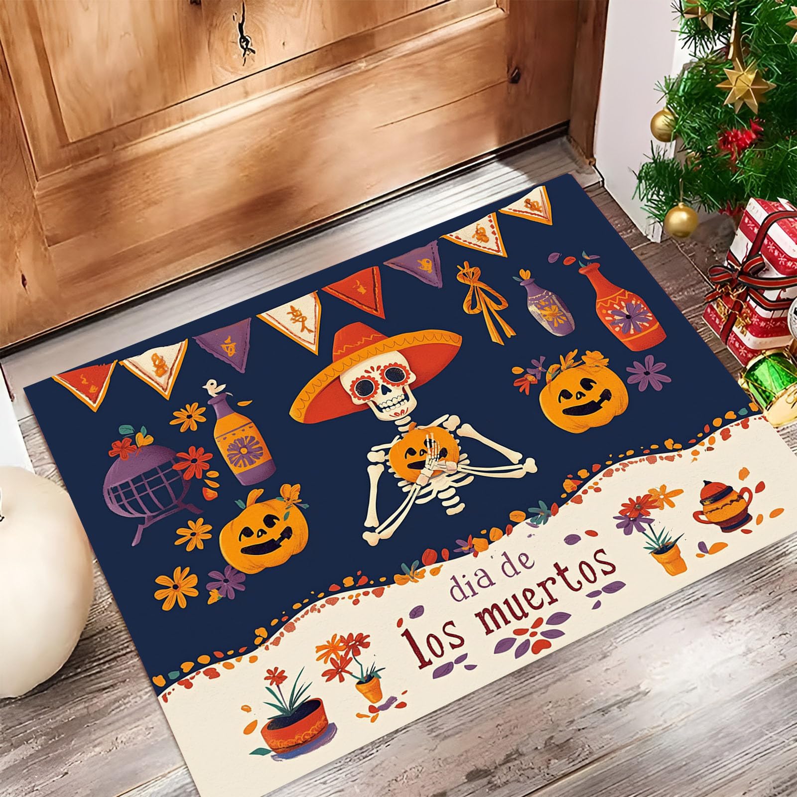 Tapis entrée intérieur antidérapant résolvant les glissades, modèle crâne mexicain 90x150cm
