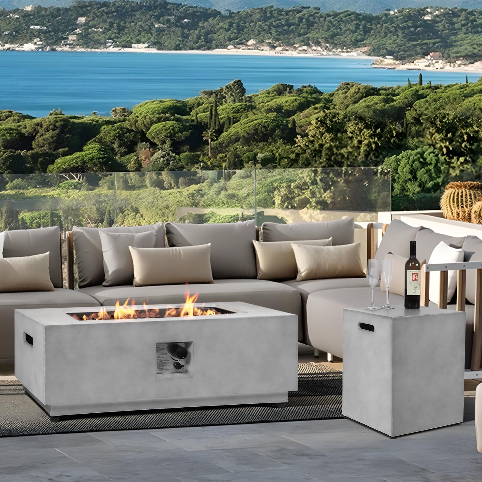 lovamsal 42" Rectangular Propane Fire Pit – 50,000 BTU Concrete Fire Pit with Tank Cover – 2-Piece Outdoor Firepits – Gas Fireplace for Deck or Patio