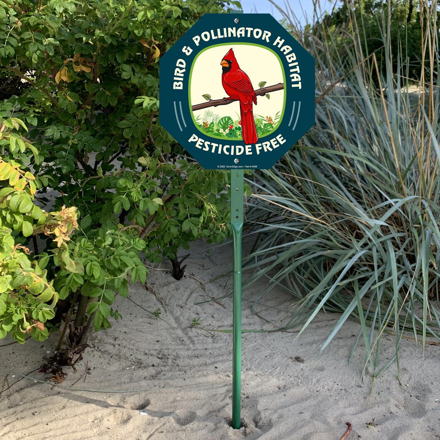 SmartSign 10 x 10 inch Bird & Pollinator Habitat, Pesticide Free Yard Sign & Stake Kit, 40 mil Laminated Rustproof Aluminum, 3 foot Stake, Set of 1, For Lawn, Garden