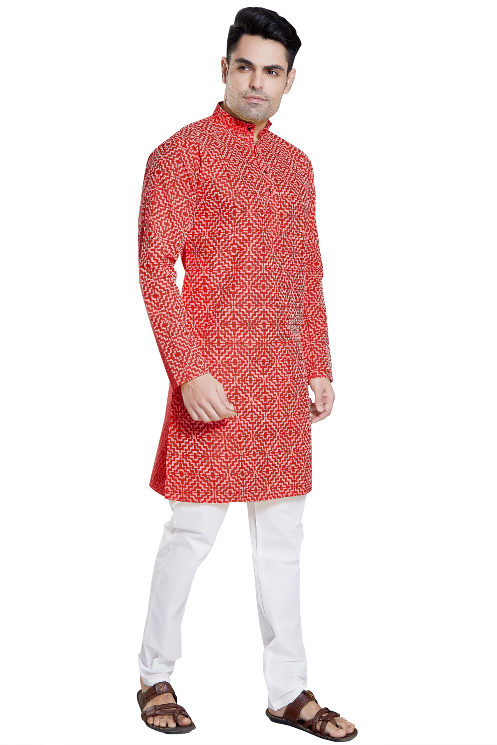 Divisive Men's Khaddi Printed Cotton Blend Slim Fit Kurta Pyjama Set (Dkrt99_M_Red)