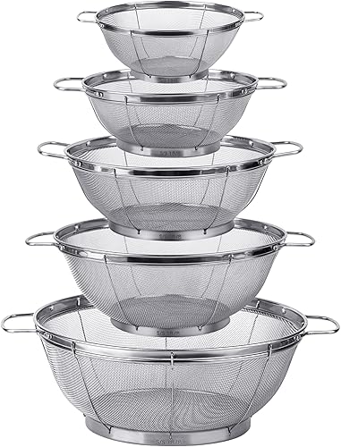 Miniatura 1 de Paquete de 5 coladores de acero inoxidable 18/8, cestas de malla de varios tamaños con asas y base de descanso para tensión, drenaje, enjuague o