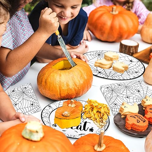 Miniatura 4 de Whaline Platos y servilletas de Halloween, 40 platos de papel de telaraña y 20 servilletas de almuerzo, juego de vajilla desechable para decoración