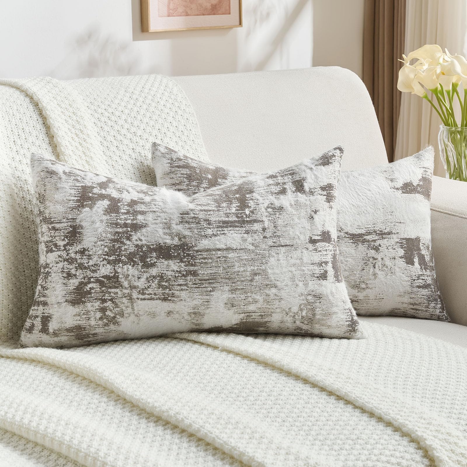 FUTEI Set of 2 Faux Cashmere Cushion Covers 30x50 cm, Taupe White