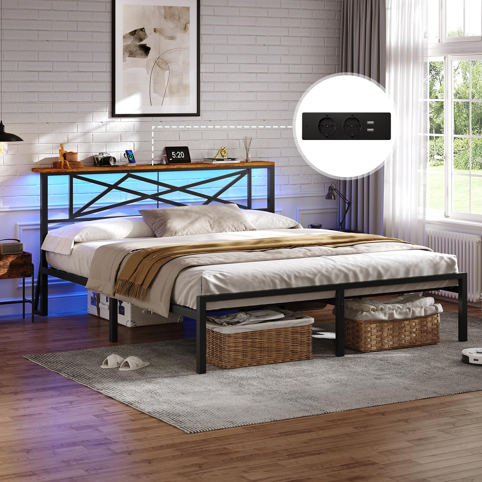 DICTAC Letto Matrimoniale 160 x 200 cm con Illuminazione LED, Telaio in Metallo con Stazione di Ricarica USB e Testata in Legno, Rete a Doghe in Metallo