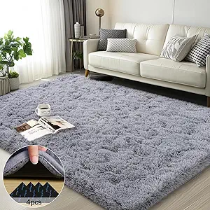 3x5 Rugs for Bedroom, Fluffy Area Rugs for Living Room, Soft Shag Kids Rug Small Carpet with 4 Non-Slip Rug Pads (Light Grey, 3ft x 5ft)