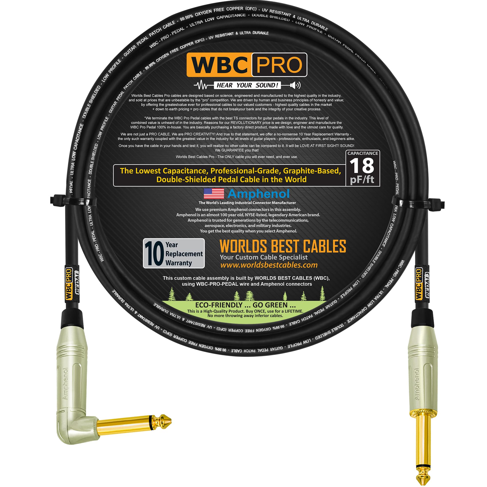 3 unidades – 6 pies – Pedal WBC-PRO-– 22 AWG – Tapa baja (18pF/pies) – Grado profesional – Basado en grafito – Pedal de doble blindaje, efectos, parche, cable de instrumento y conectores TS dorados en