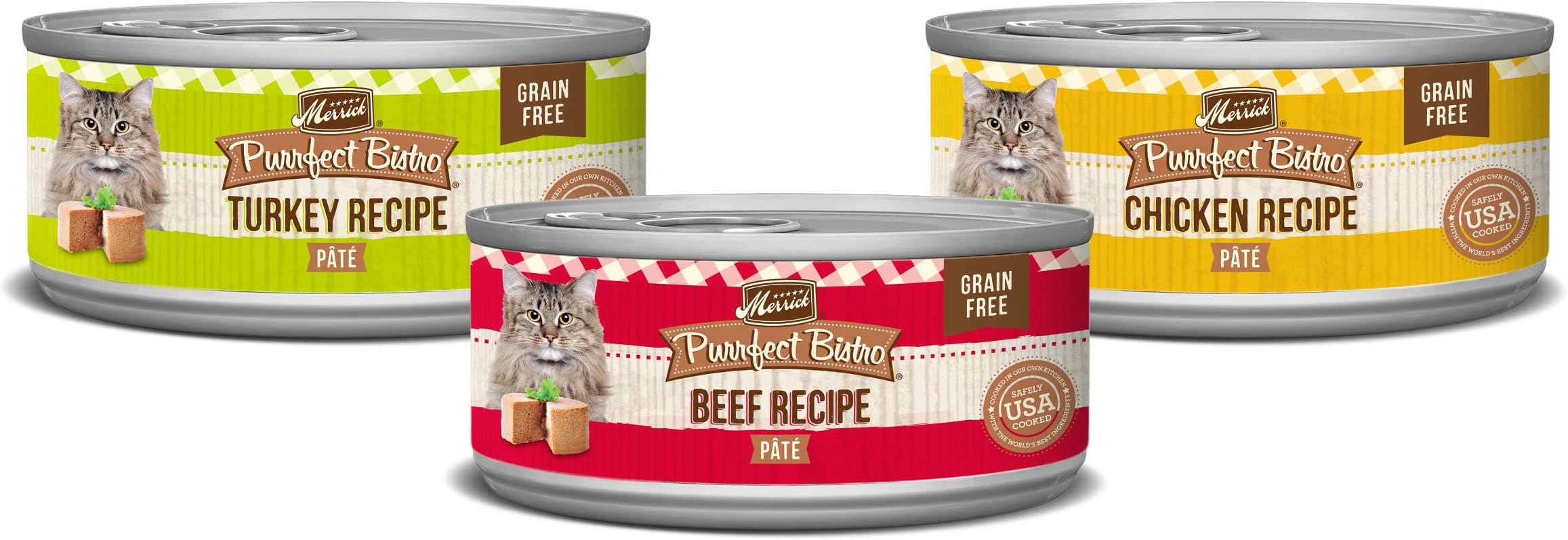 - Merrick Purrfect Bistro Grain Free Premium Canned Pate Adult Wet Cat Food, Variety Pack, Chicken, Beef, Turkey - (Pack of 24) 3 oz. Cans