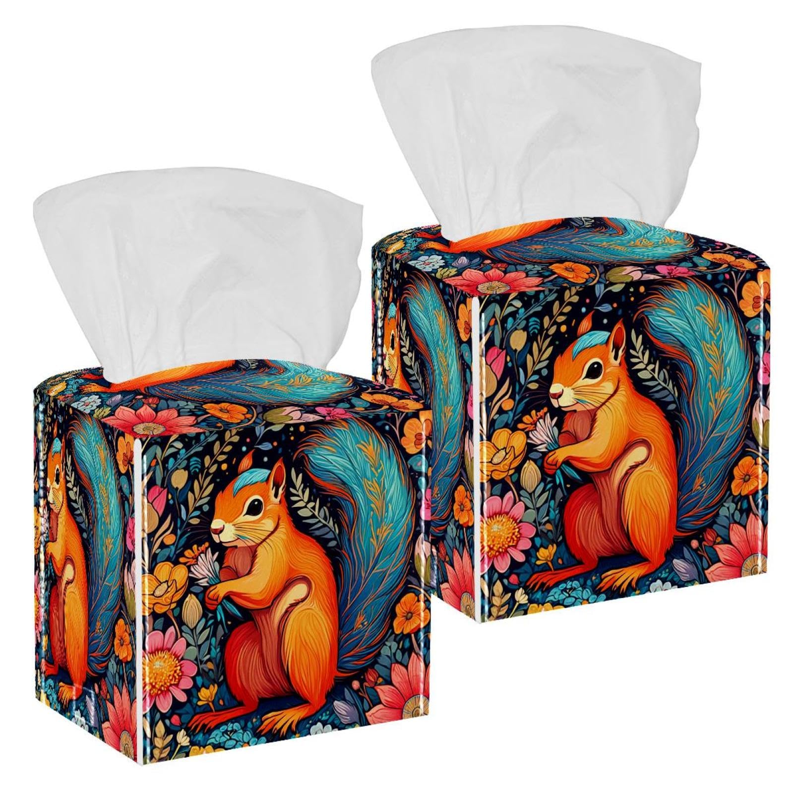 Color Drawing Squirrel Tissue Box Cover, 2 Pack PU Leather Square Facial Tissue Dispenser Box holder for Home Office Car