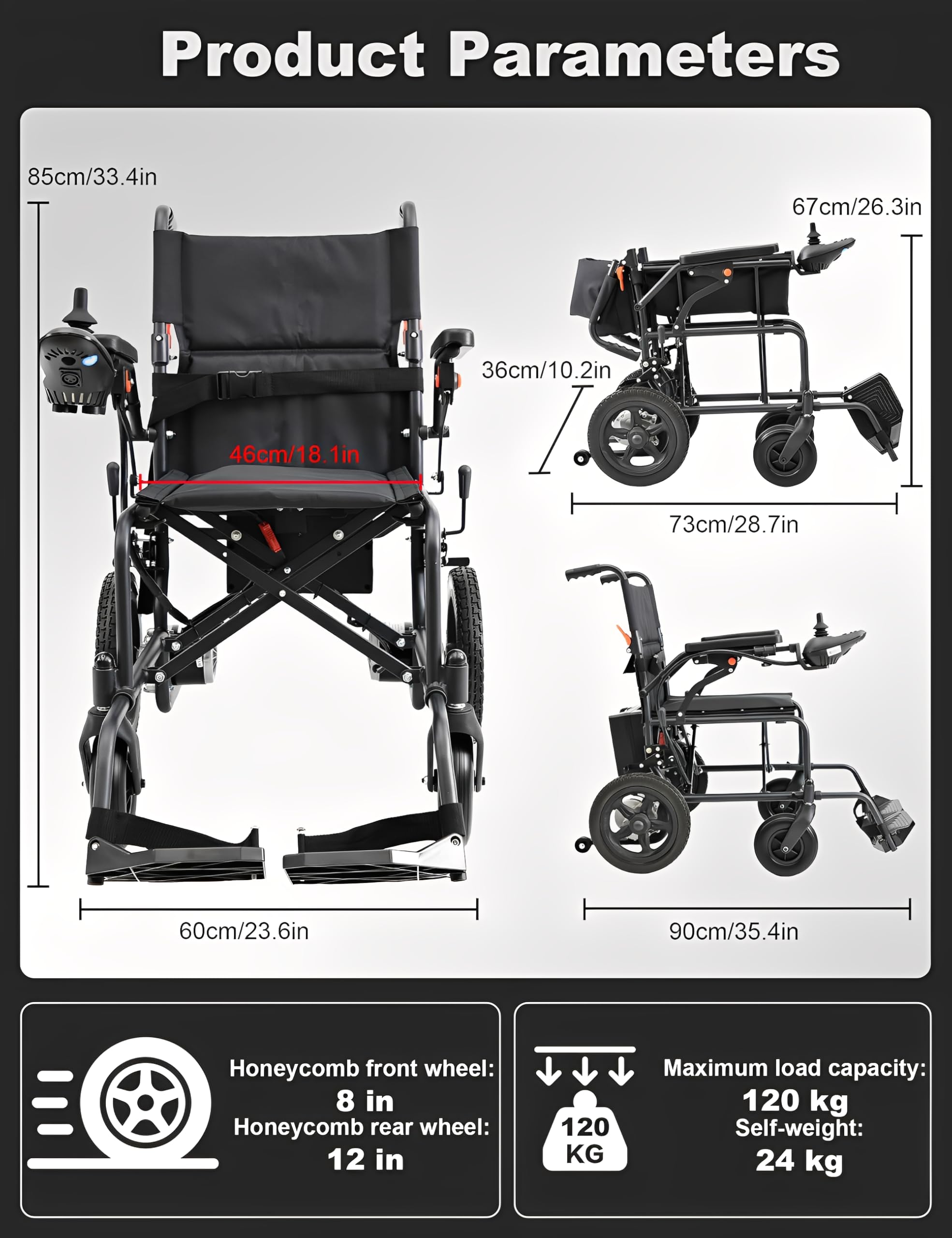 Fauteuil Roulant Electrique Pliable Ultra Leger 14.5KG Chaise Roulante Electrique pour 120kg Fauteuil Electrique Handicape (10AH)
